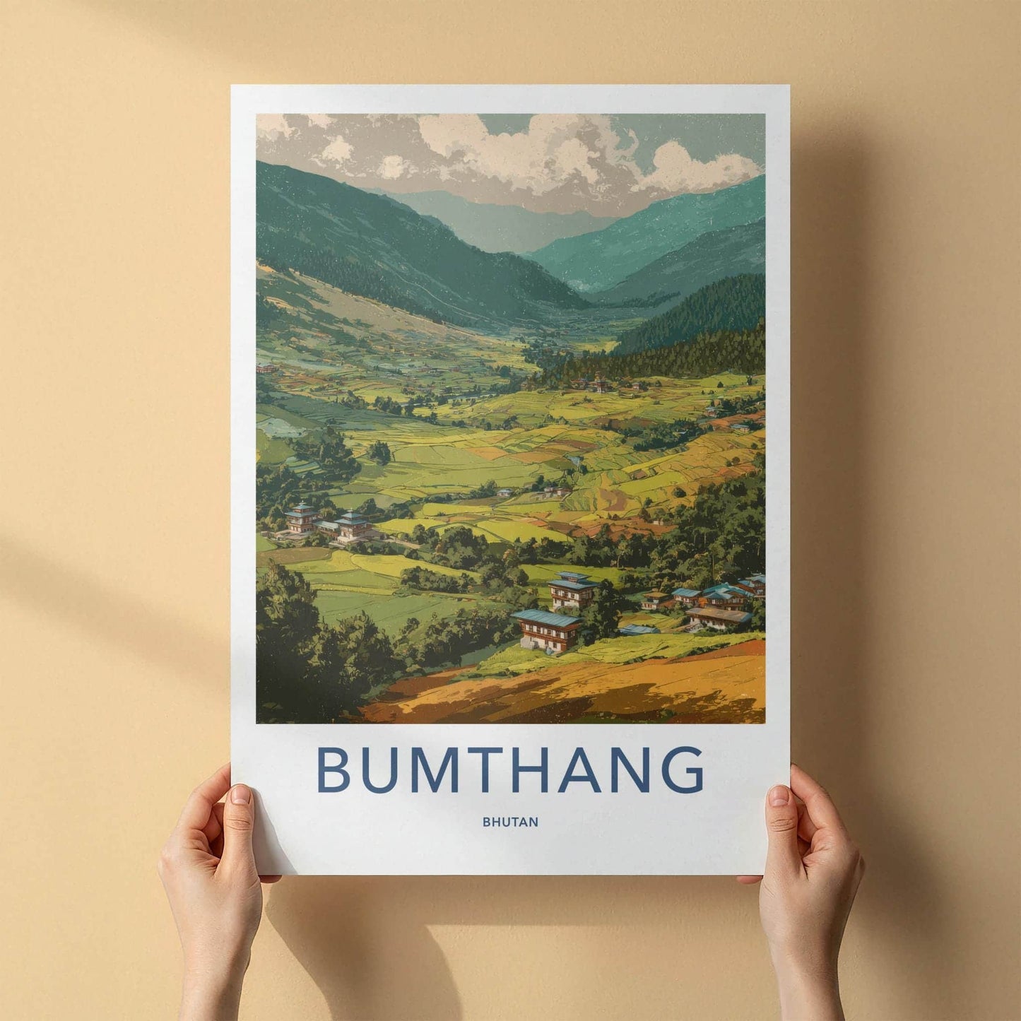 Bumthang Poster - Bhutan Travel Art - Green terraced fields Home Decor
