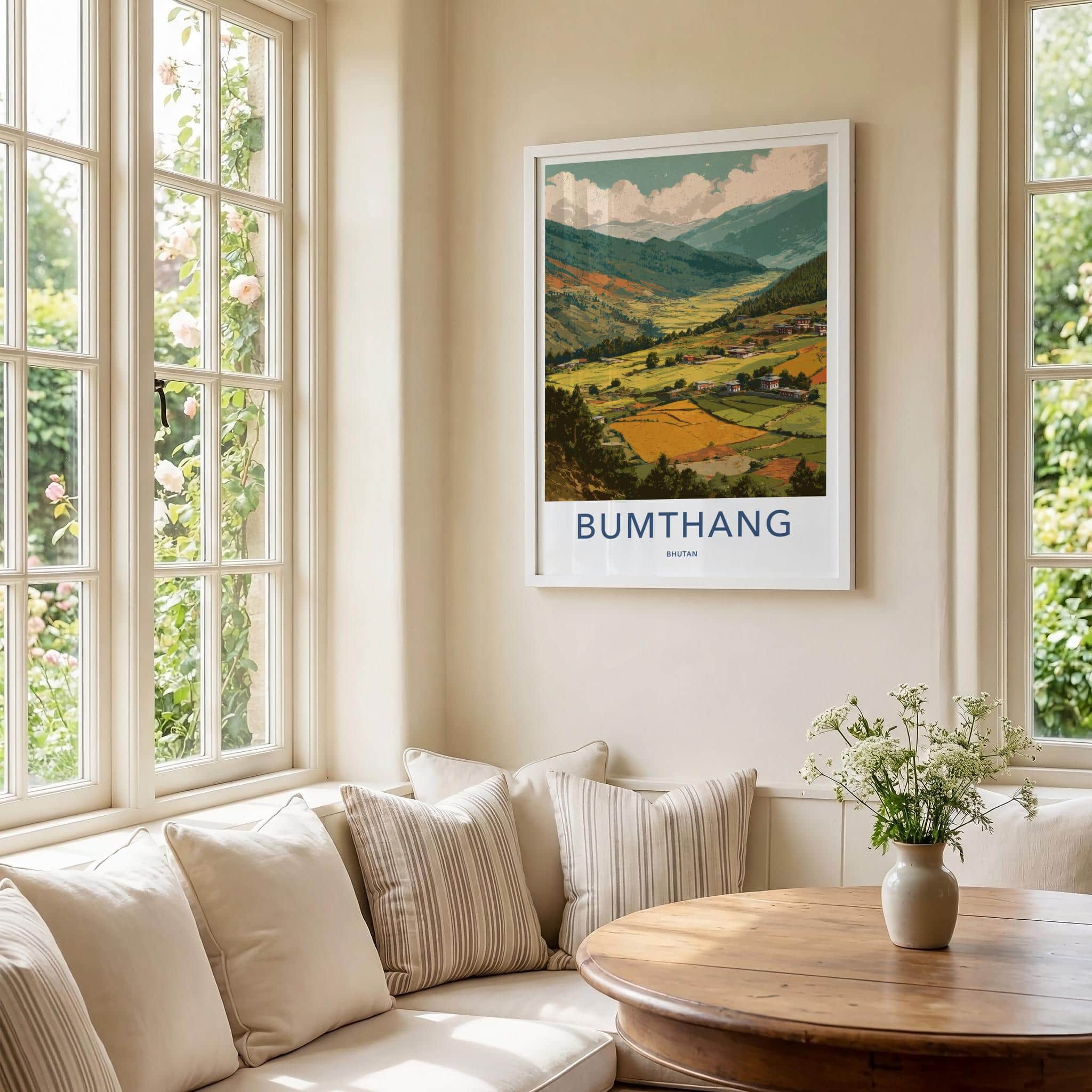 Bumthang Poster - Bhutan Travel Art - Himalayan Valley Houses Home Decor