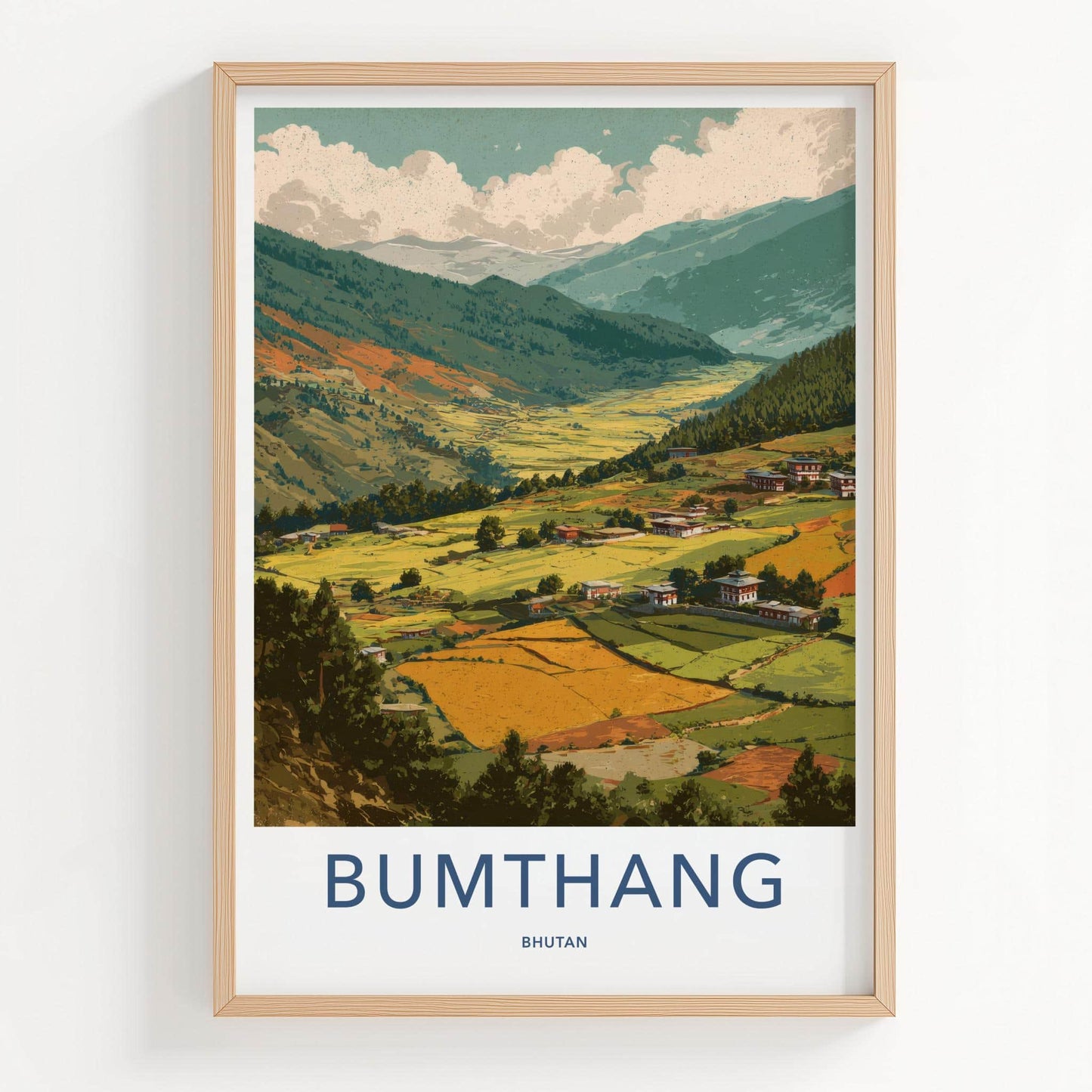 Bumthang Poster - Bhutan Travel Art - Himalayan Valley Houses Home Decor