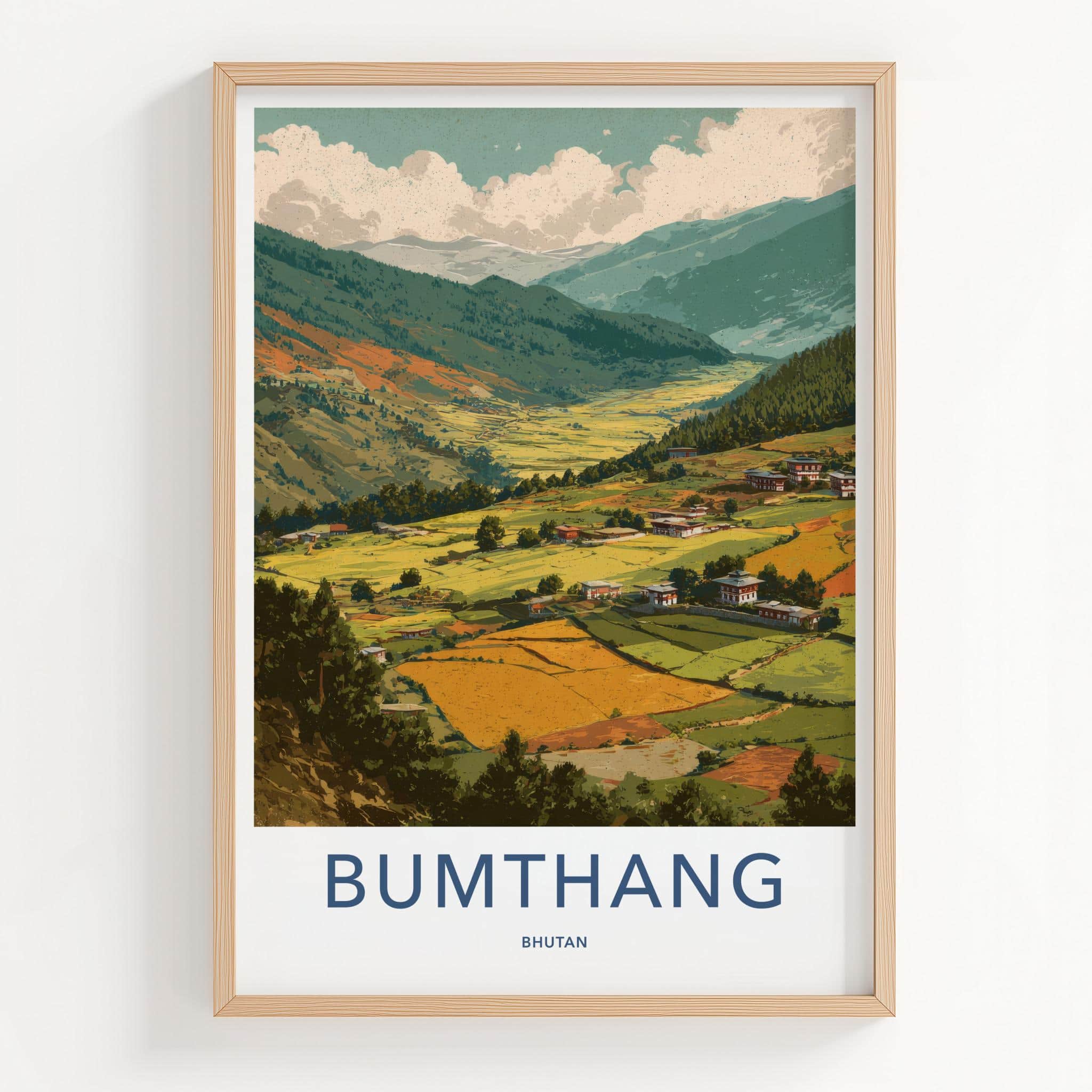Bumthang Poster - Bhutan Travel Art - Himalayan Valley Houses Home Decor
