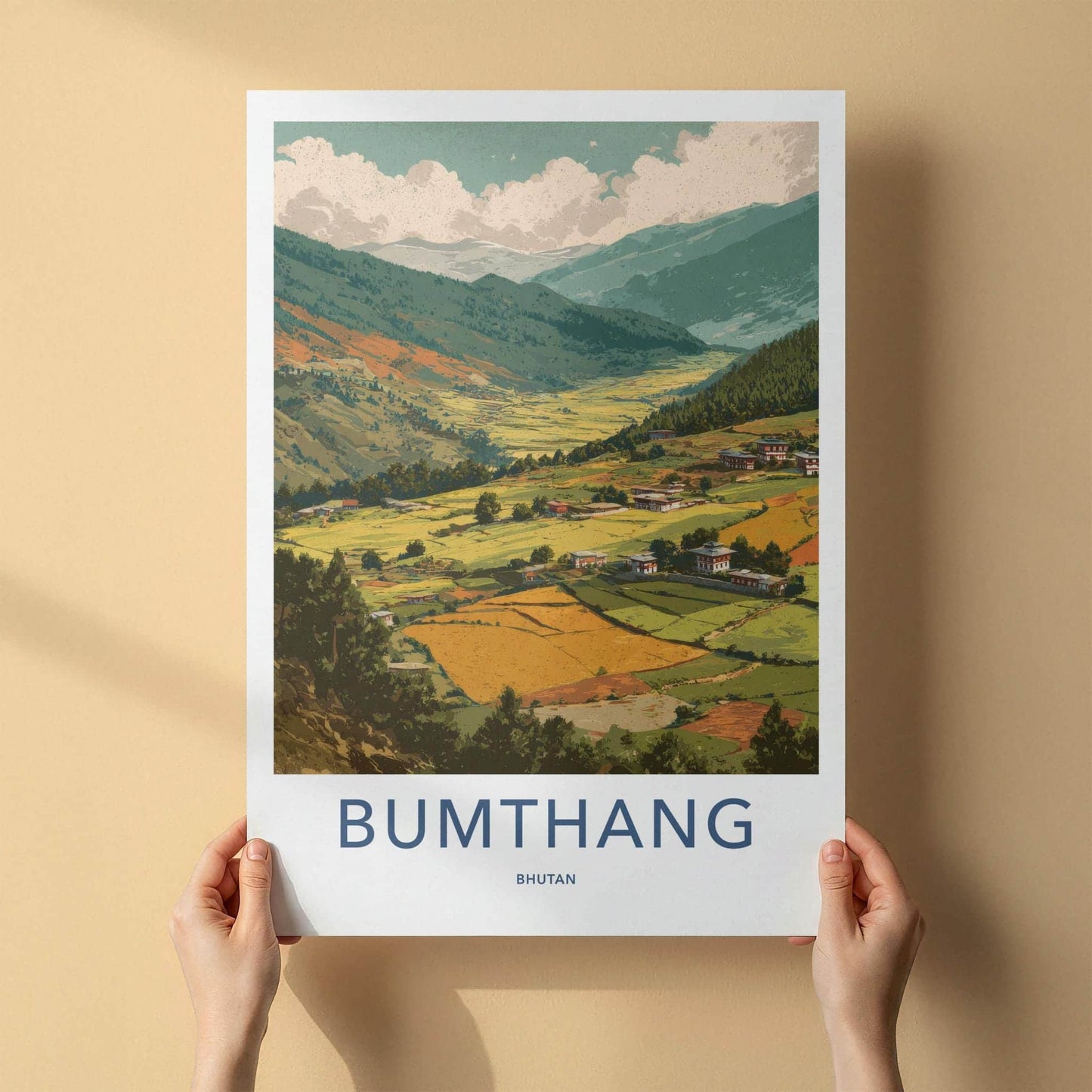Bumthang Poster - Bhutan Travel Art - Himalayan Valley Houses Home Decor
