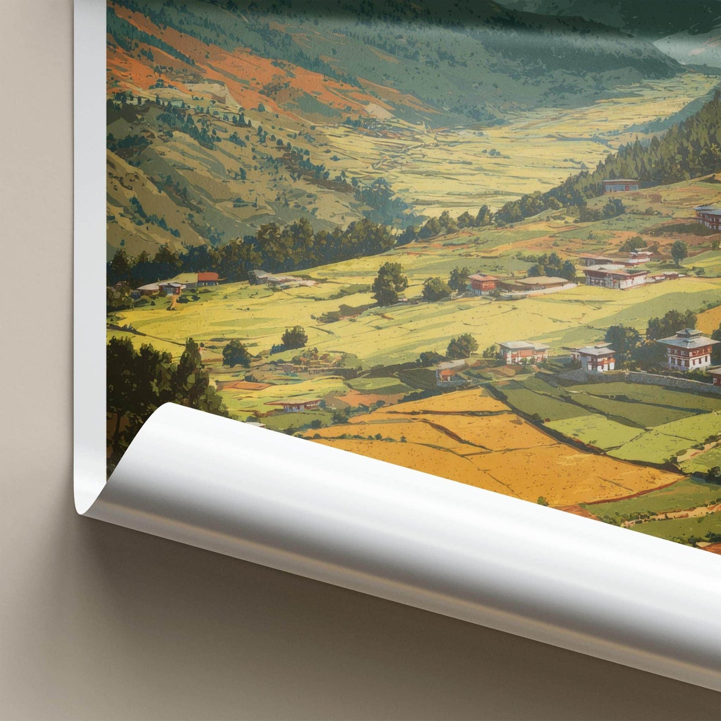 Bumthang Poster - Bhutan Travel Art - Himalayan Valley Houses Home Decor