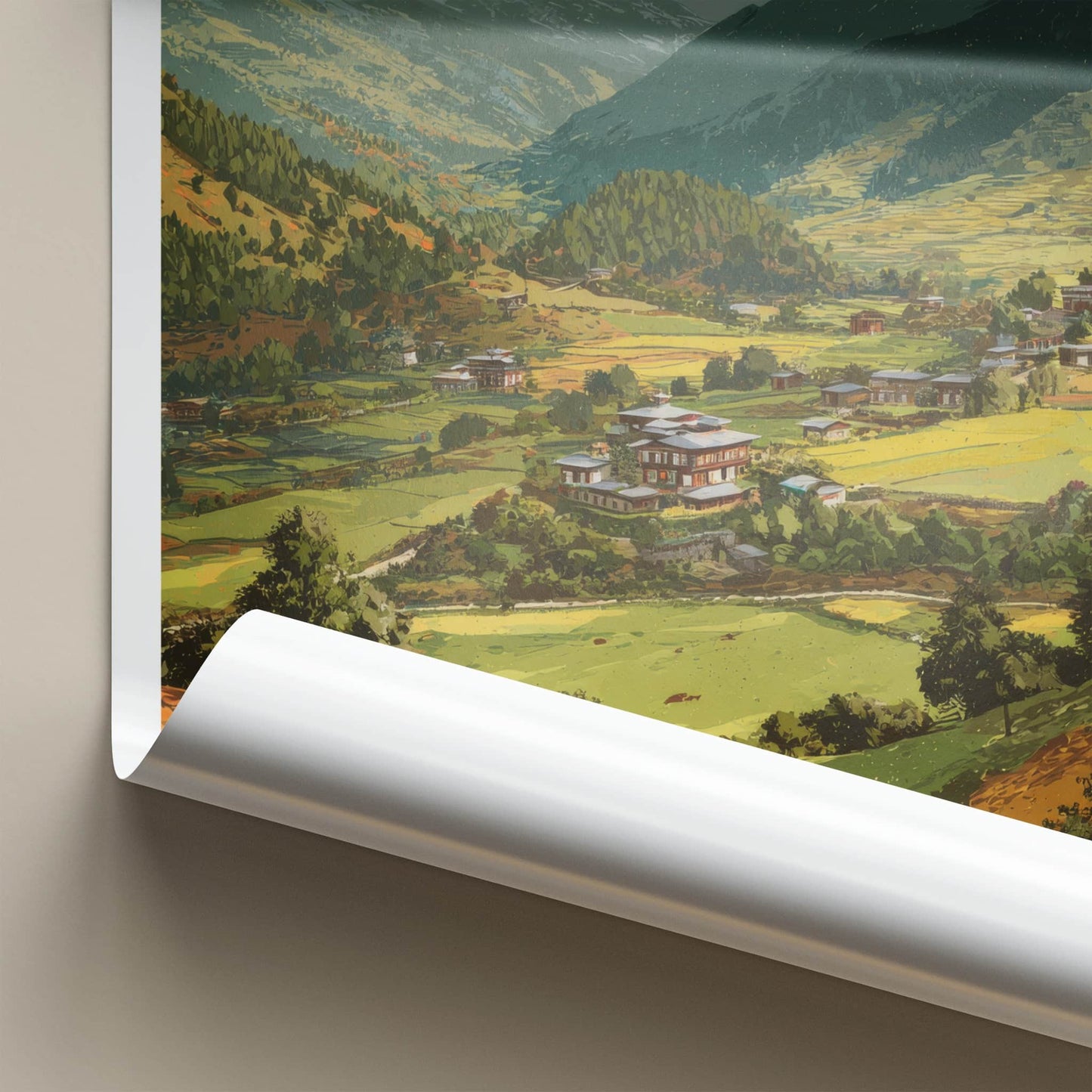 Bumthang Poster - Bhutan Travel Art - Mountain Valley Village Home Decor
