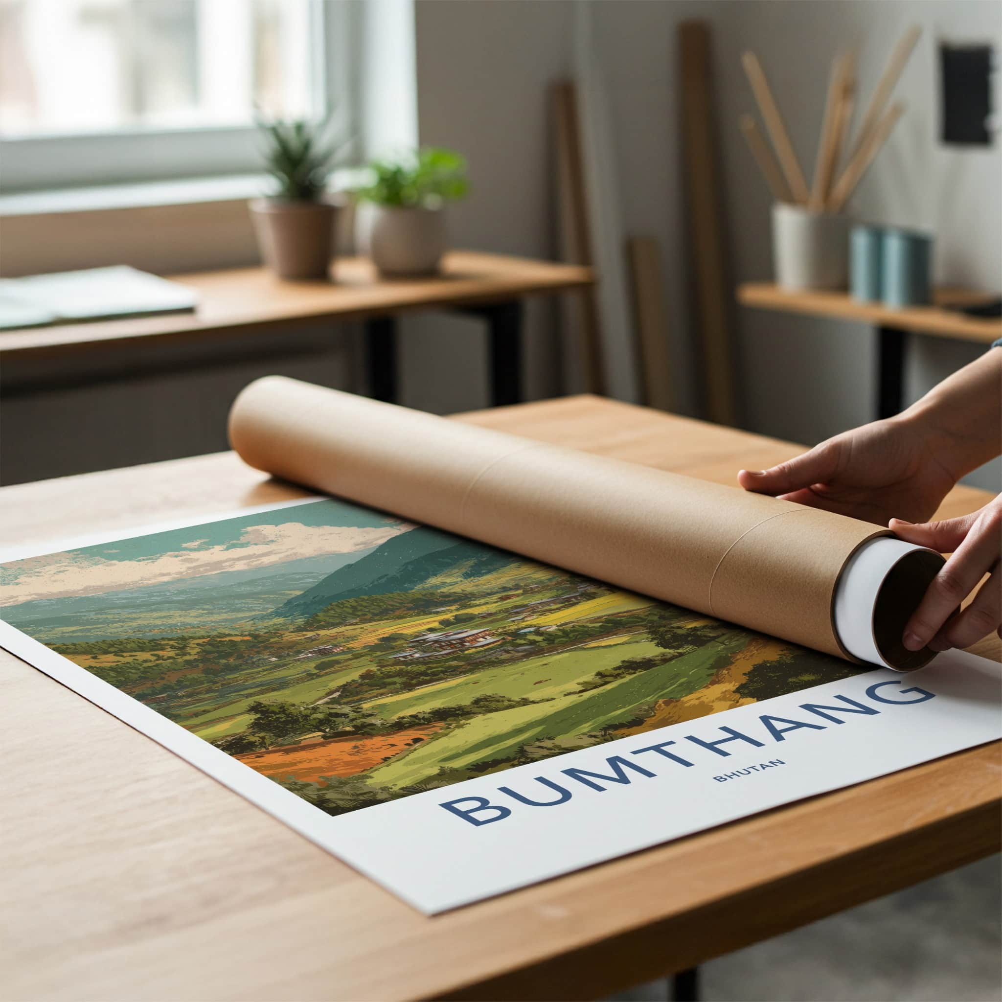Bumthang Poster - Bhutan Travel Art - Mountain Valley Village Home Decor