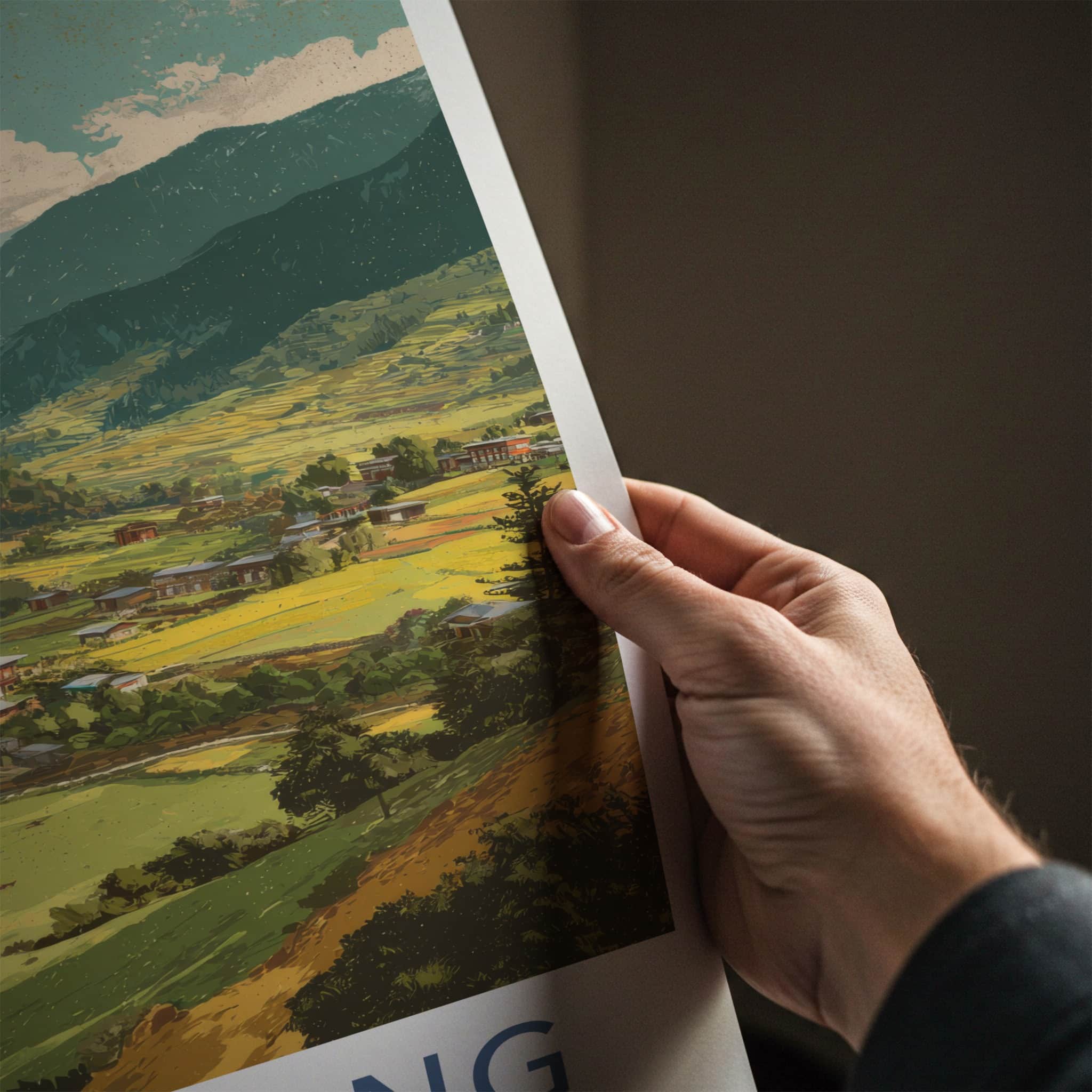 Bumthang Poster - Bhutan Travel Art - Mountain Valley Village Home Decor