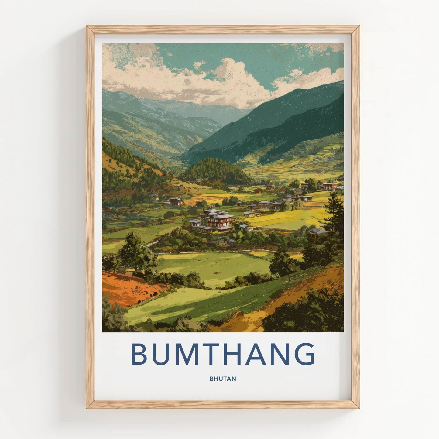 Bumthang Poster - Bhutan Travel Art - Mountain Valley Village Home Decor