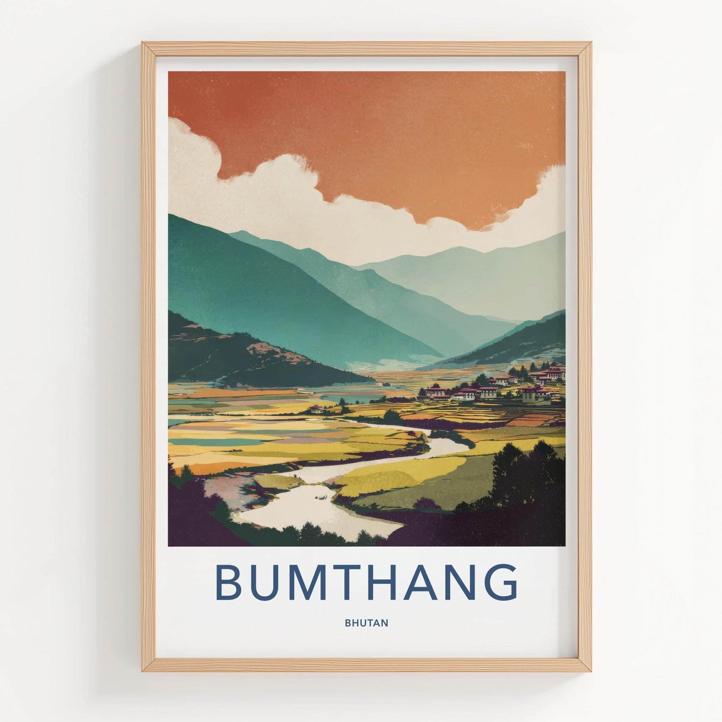Bumthang Poster - Bhutan Travel Art - Serene Mountain Valley Home Decor