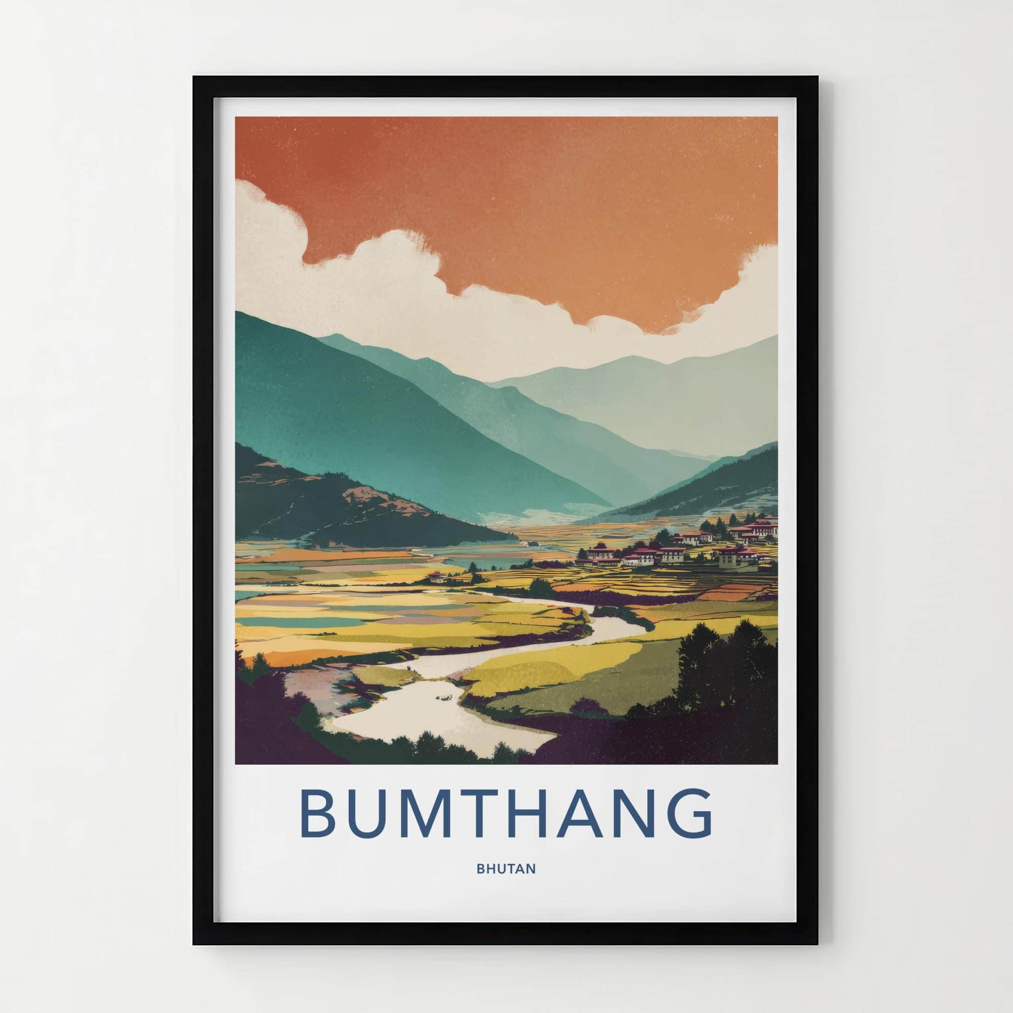 Bumthang Poster - Bhutan Travel Art - Serene Mountain Valley Home Decor