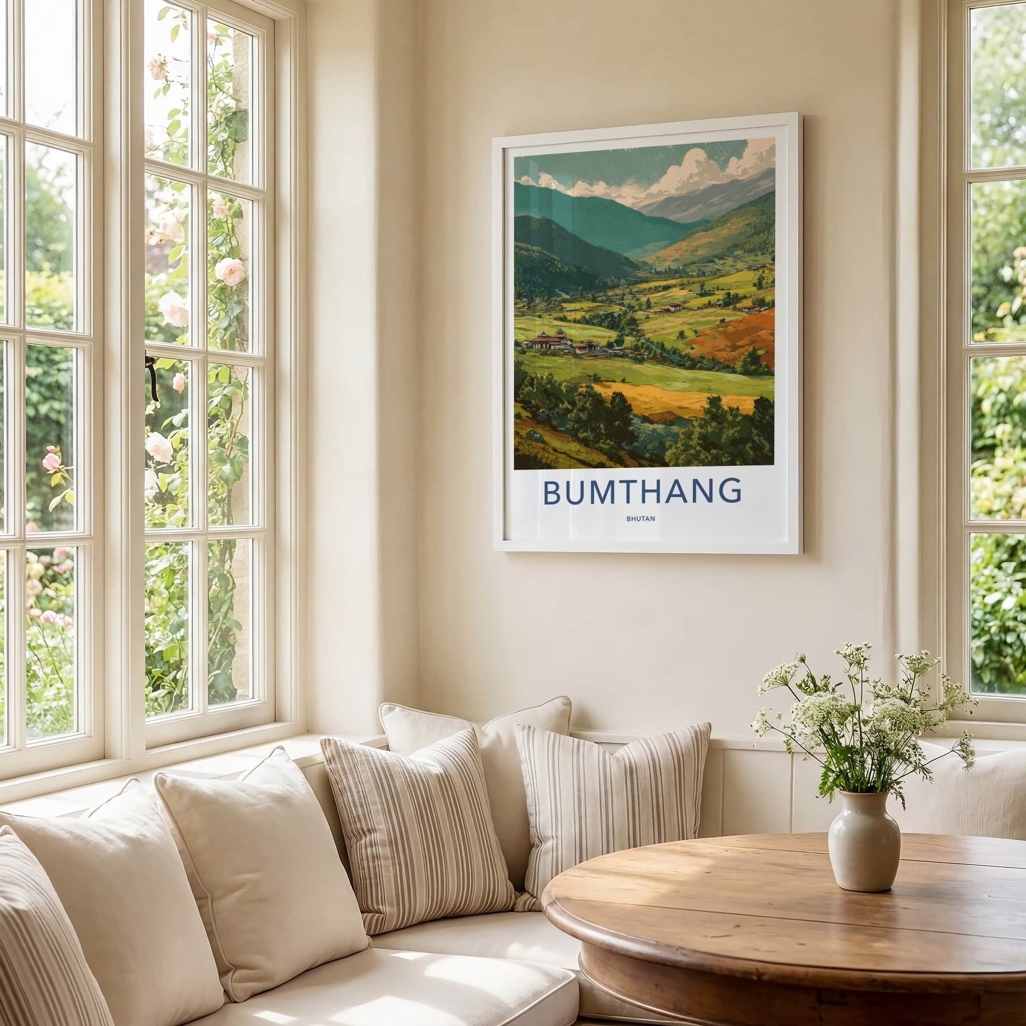 Bumthang Poster - Bhutan Travel Print - Valley Dzong Houses Home Decor