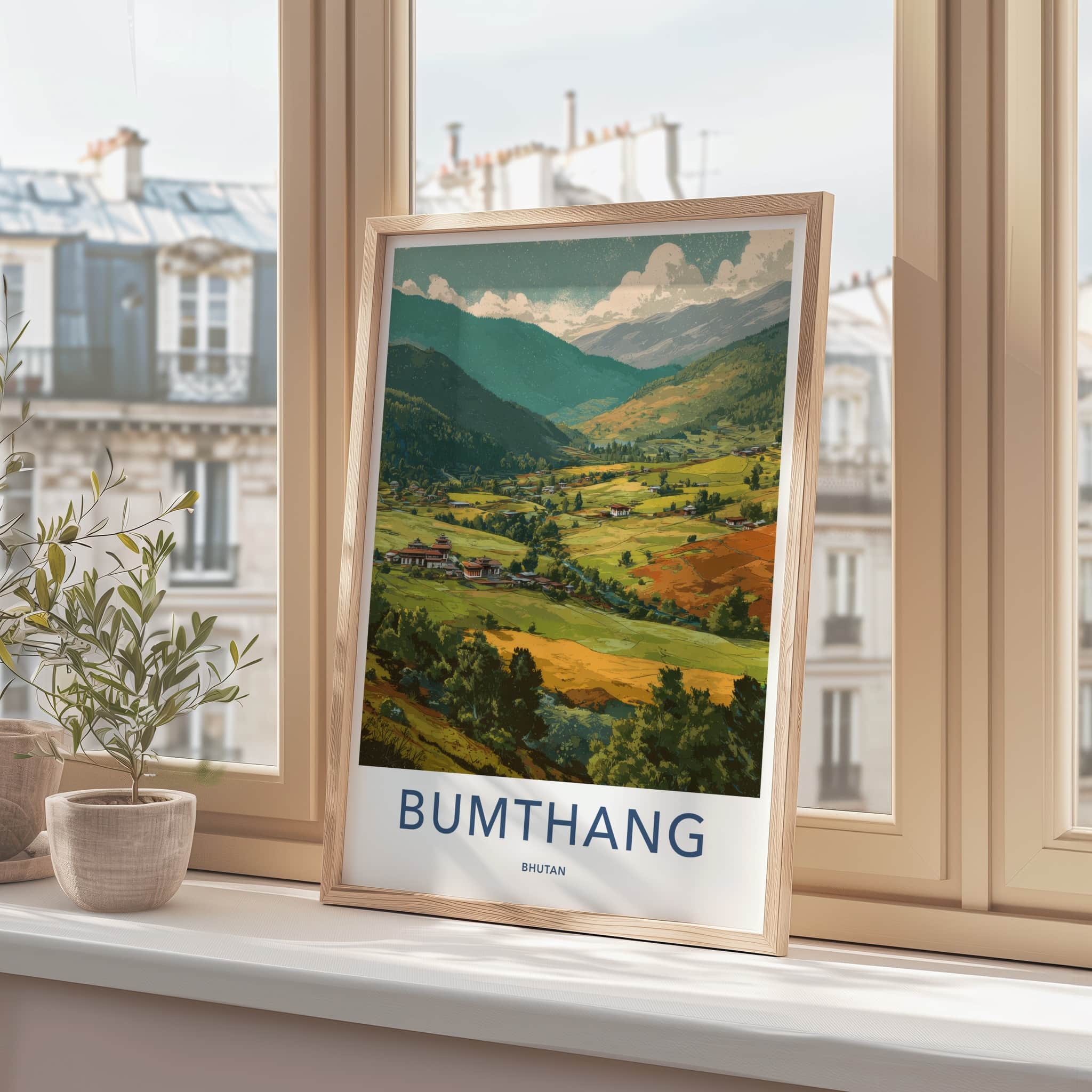 Bumthang Poster - Bhutan Travel Print - Valley Dzong Houses Home Decor