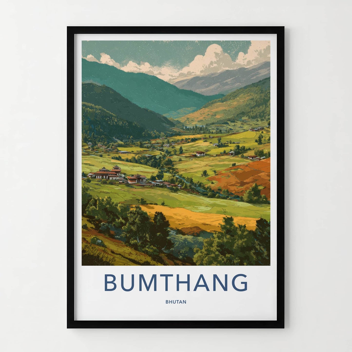Bumthang Poster - Bhutan Travel Print - Valley Dzong Houses Home Decor