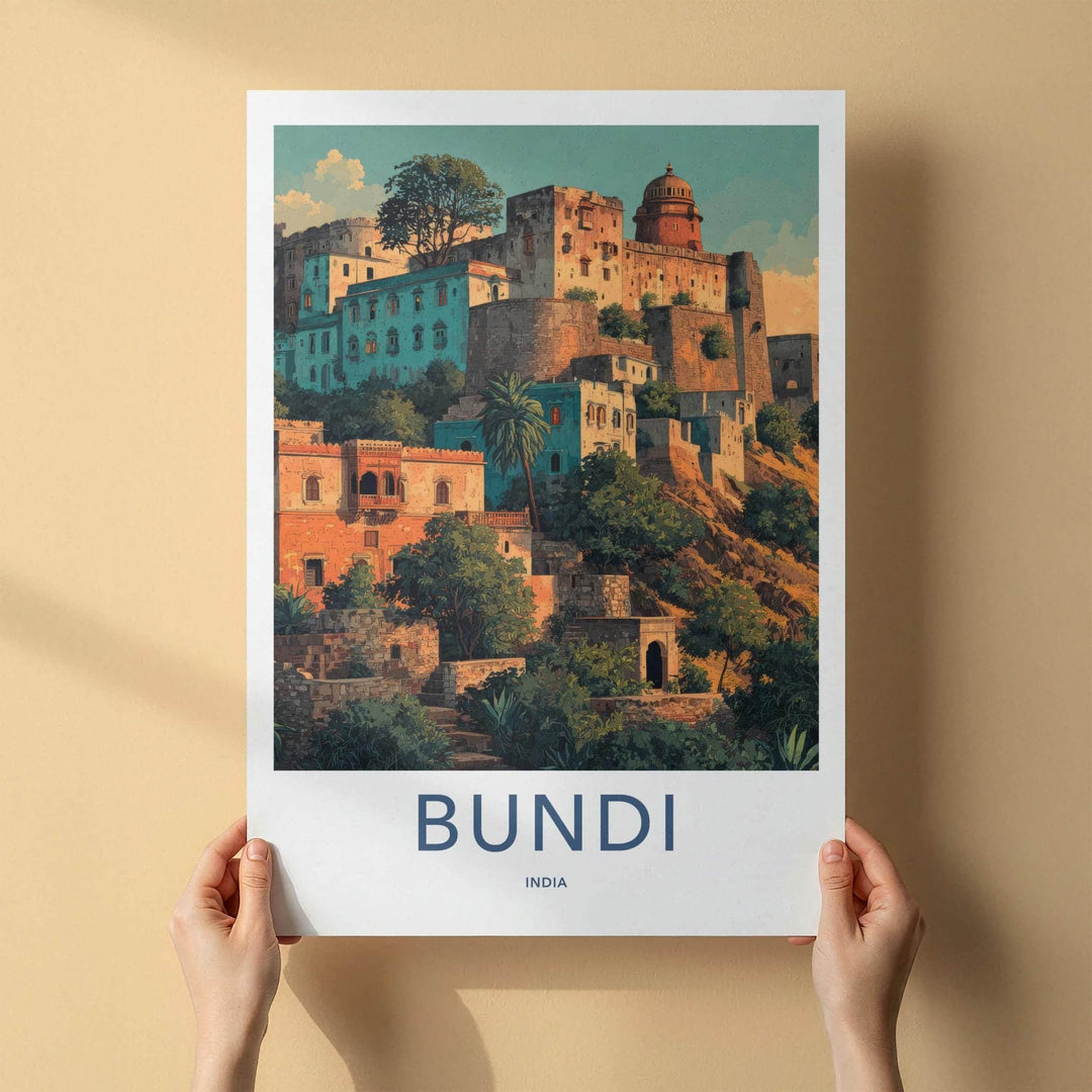 Bundi Poster - India Art Print - Rajasthan Hillside Cityscape Art Home Decor