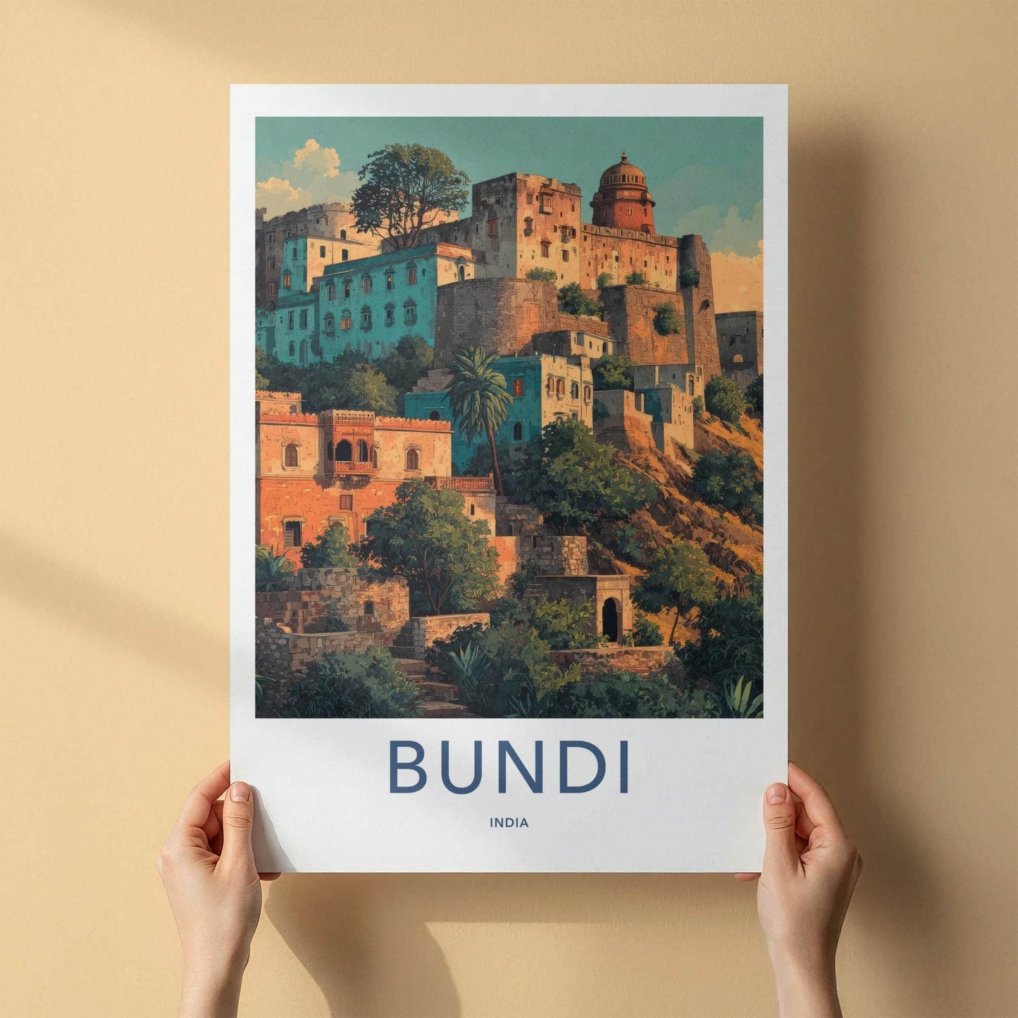 Bundi Poster - India Art Print - Rajasthan Hillside Cityscape Art Home Decor