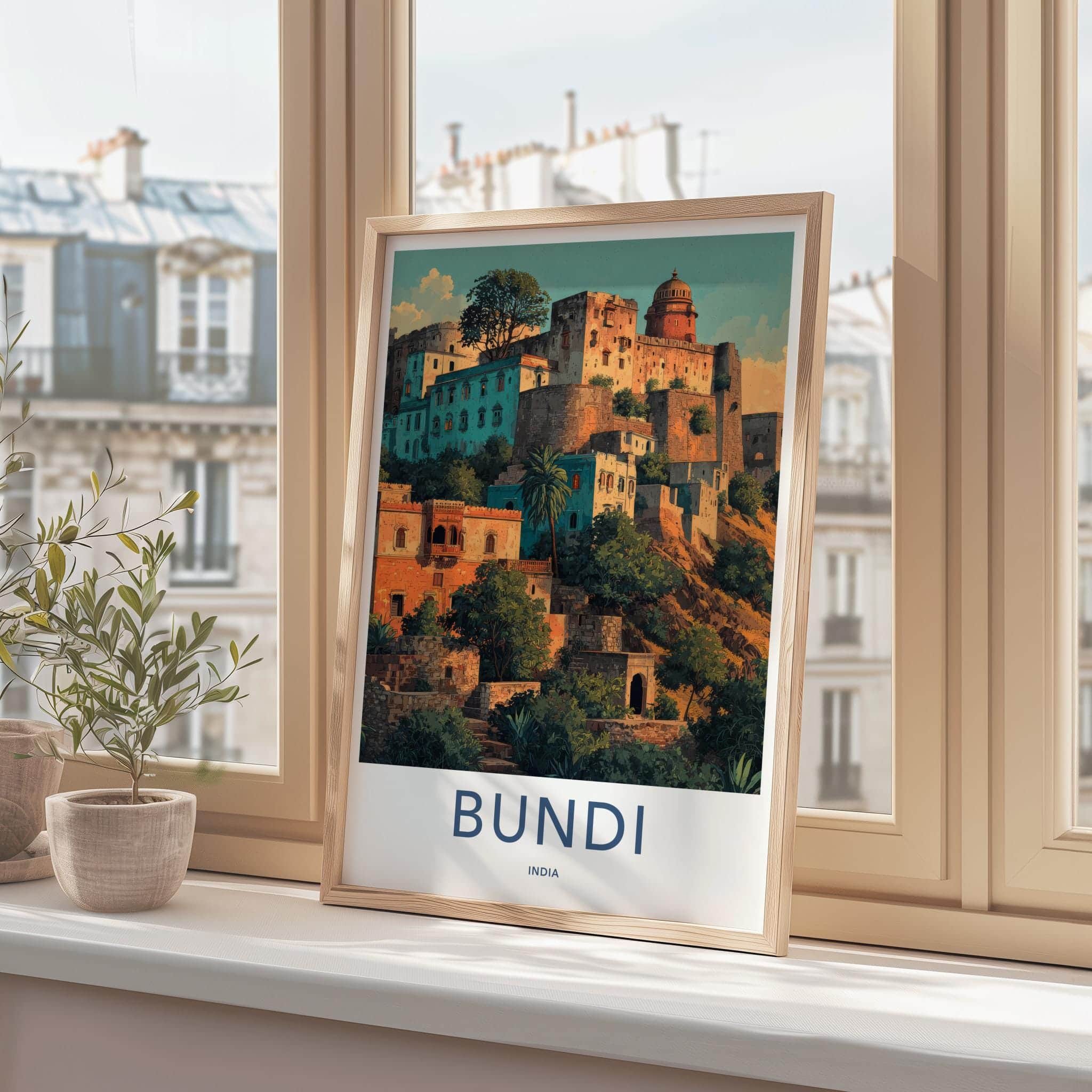 Bundi Poster - India Art Print - Rajasthan Hillside Cityscape Art Home Decor