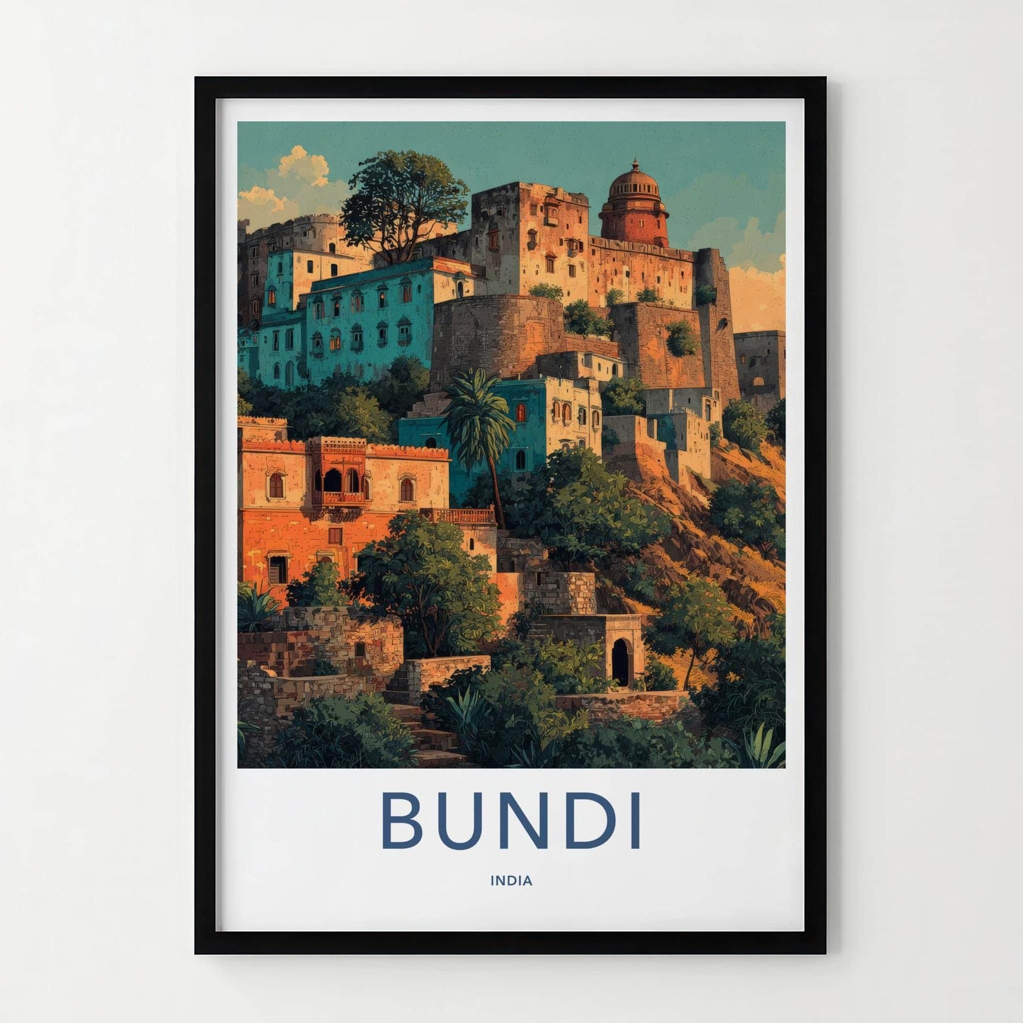 Bundi Poster - India Art Print - Rajasthan Hillside Cityscape Art Home Decor