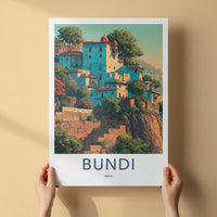 Bundi Poster - India Travel Art - Rajasthan Hillside Houses Home Decor