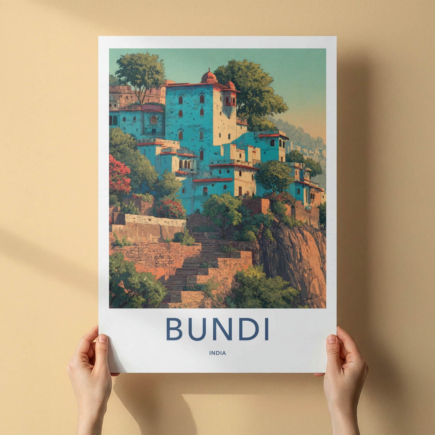 Bundi Poster - India Travel Art - Rajasthan Hillside Houses Home Decor