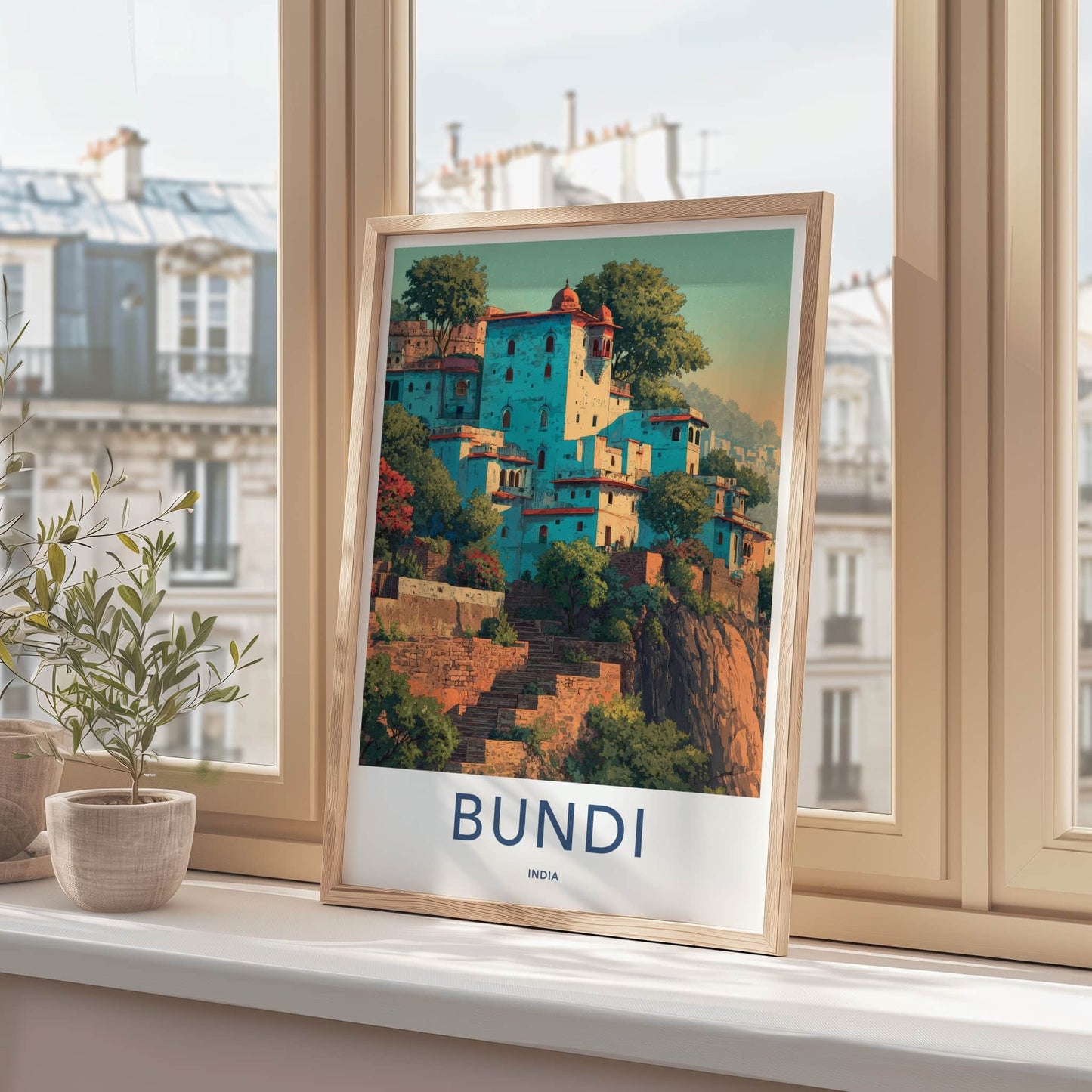 Bundi Poster - India Travel Art - Rajasthan Hillside Houses Home Decor