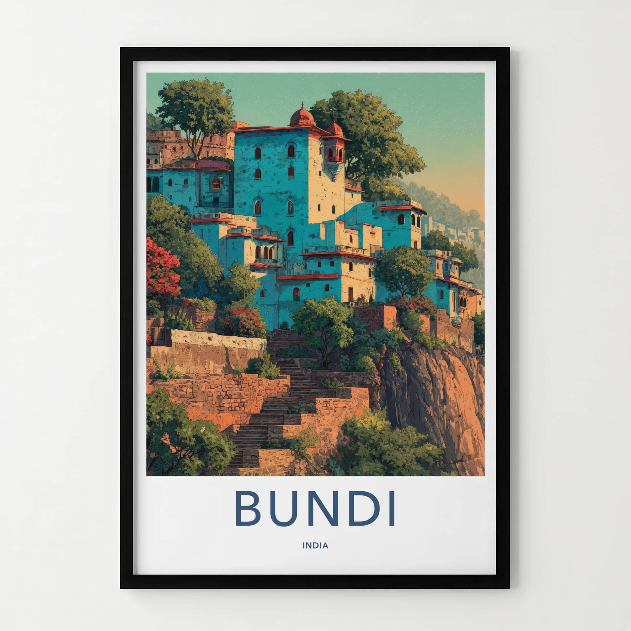 Bundi Poster - India Travel Art - Rajasthan Hillside Houses Home Decor