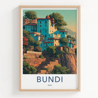 Bundi Poster - India Travel Art - Rajasthan Hillside Houses Home Decor