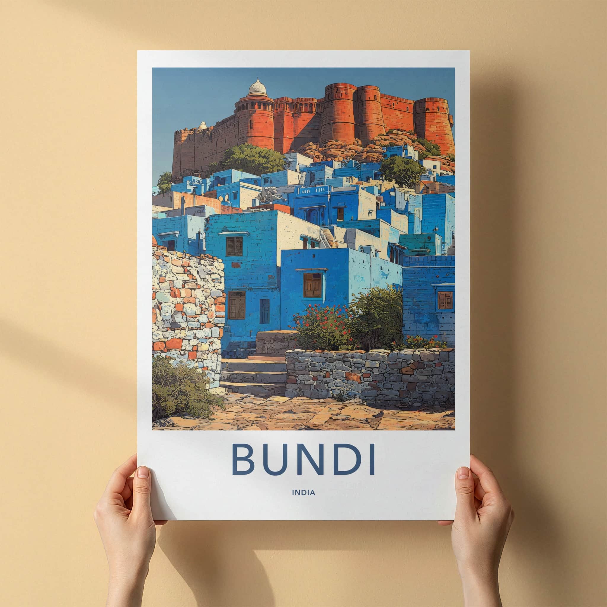 Bundi Poster - India Travel Art - Turquoise Village Fort Wall Decor