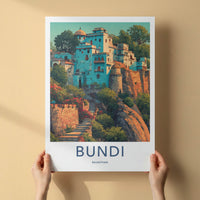 Bundi Poster - India Travel Print - Rajasthan Hillside Houses Home Decor