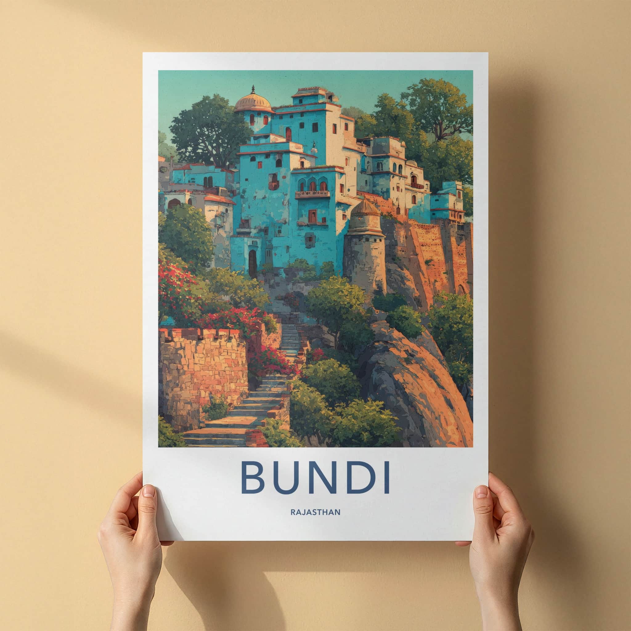 Bundi Poster - India Travel Print - Rajasthan Hillside Houses Home Decor