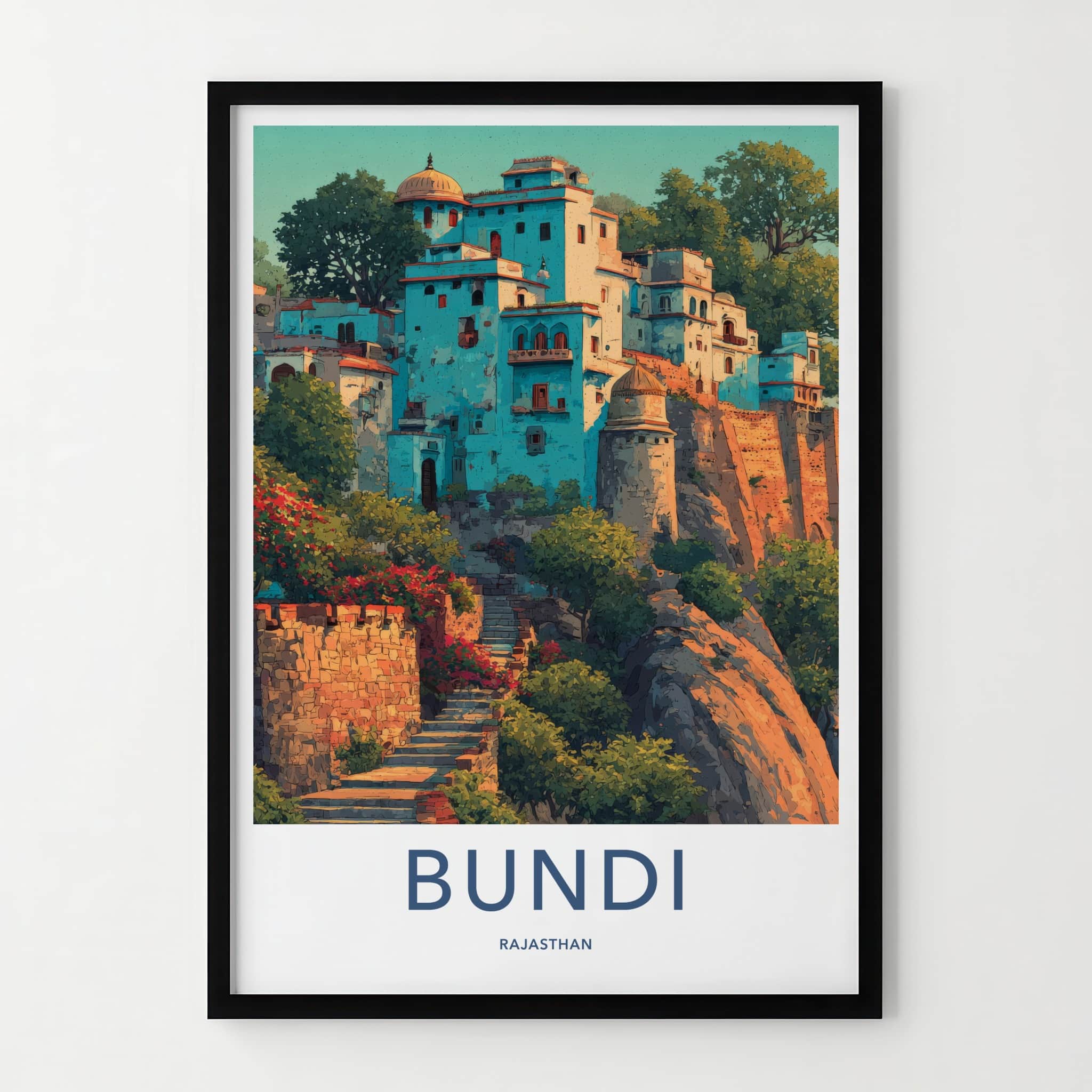 Bundi Poster - India Travel Print - Rajasthan Hillside Houses Home Decor