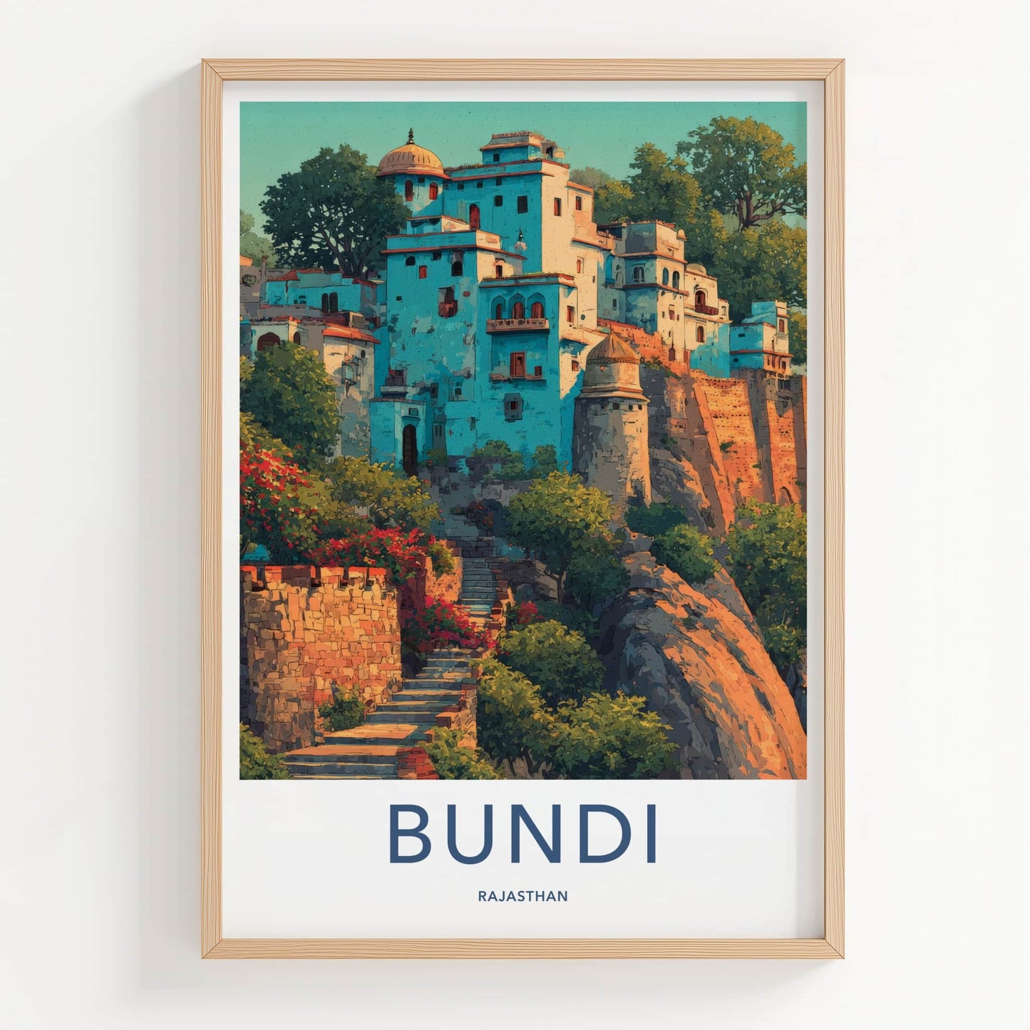 Bundi Poster - India Travel Print - Rajasthan Hillside Houses Home Decor