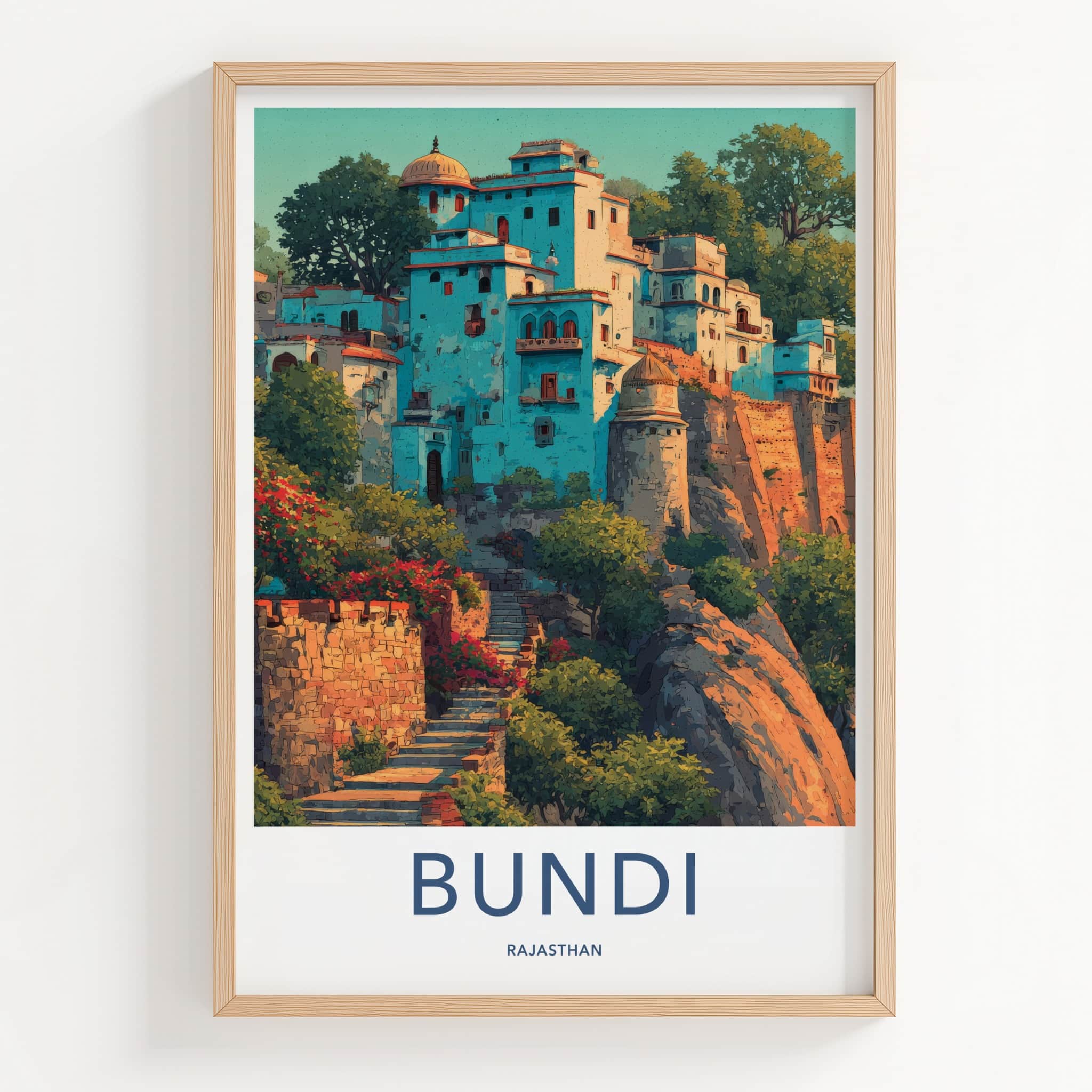 Bundi Poster - India Travel Print - Rajasthan Hillside Houses Home Decor