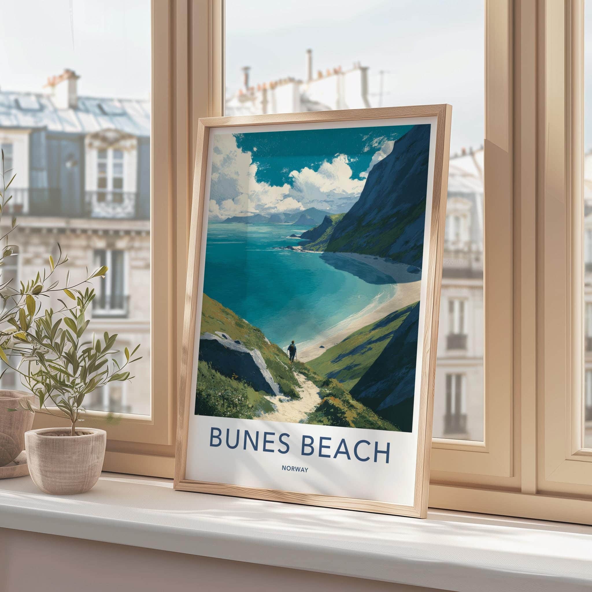 Bunes Beach Poster - Norway Travel Art - Coastal trail view Wall Decor