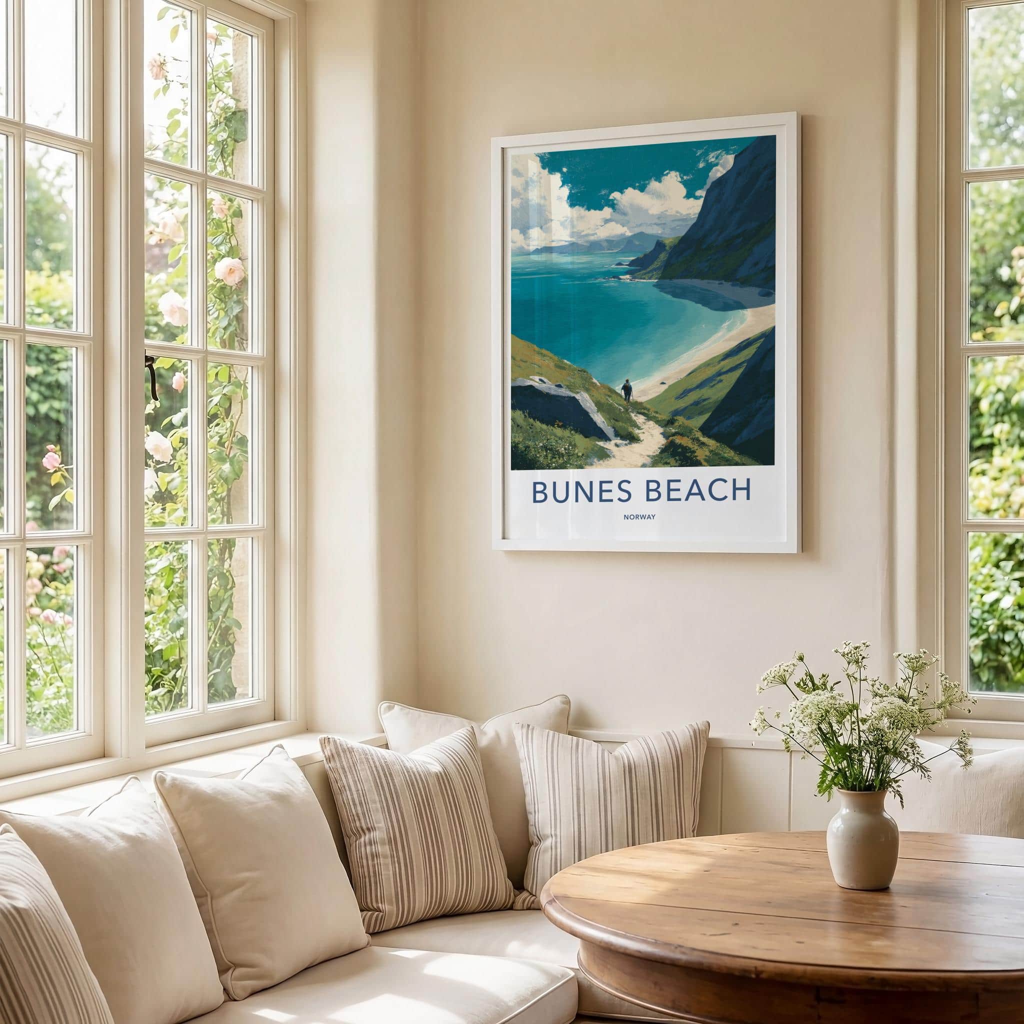 Bunes Beach Poster - Norway Travel Art - Coastal trail view Wall Decor