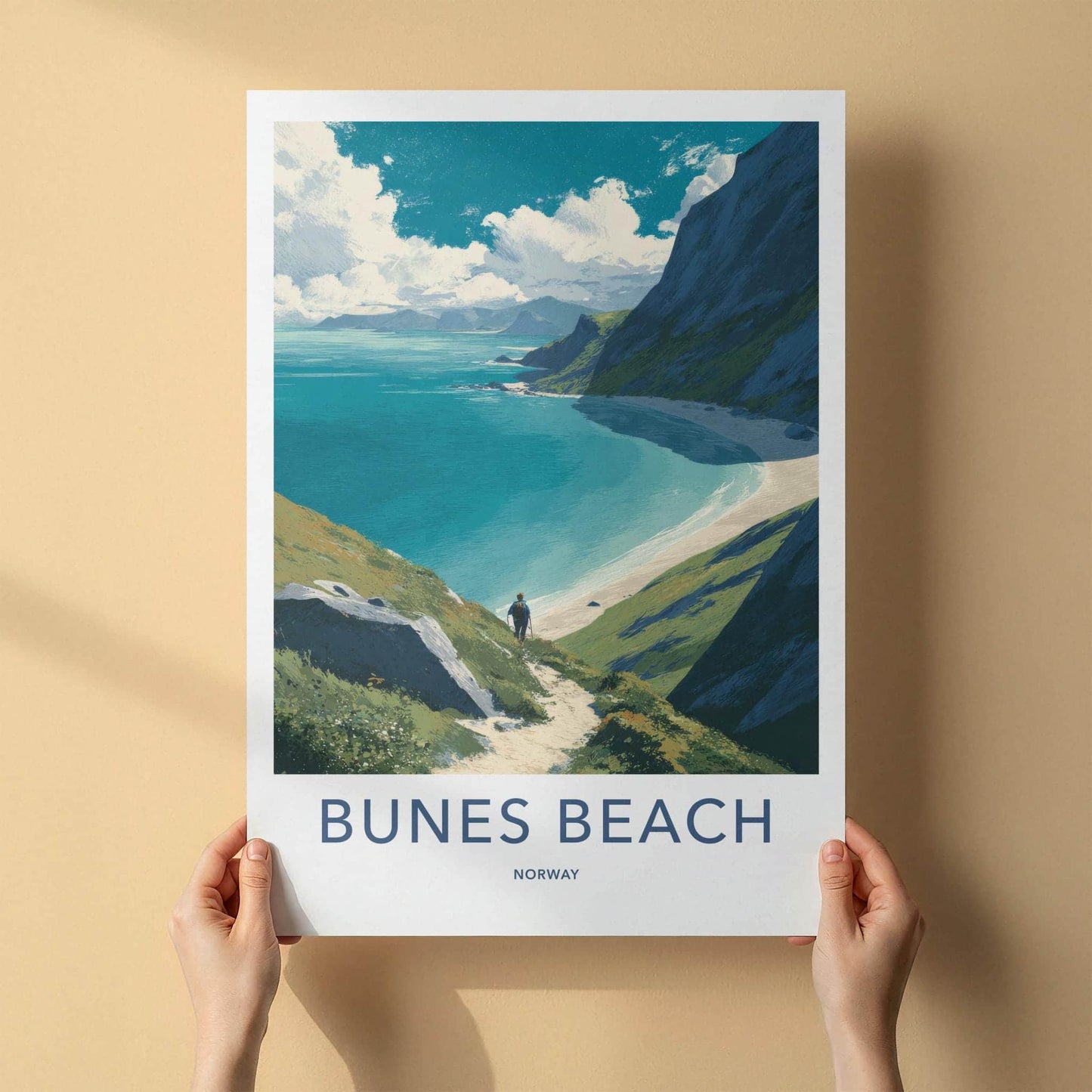 Bunes Beach Poster - Norway Travel Art - Coastal trail view Wall Decor