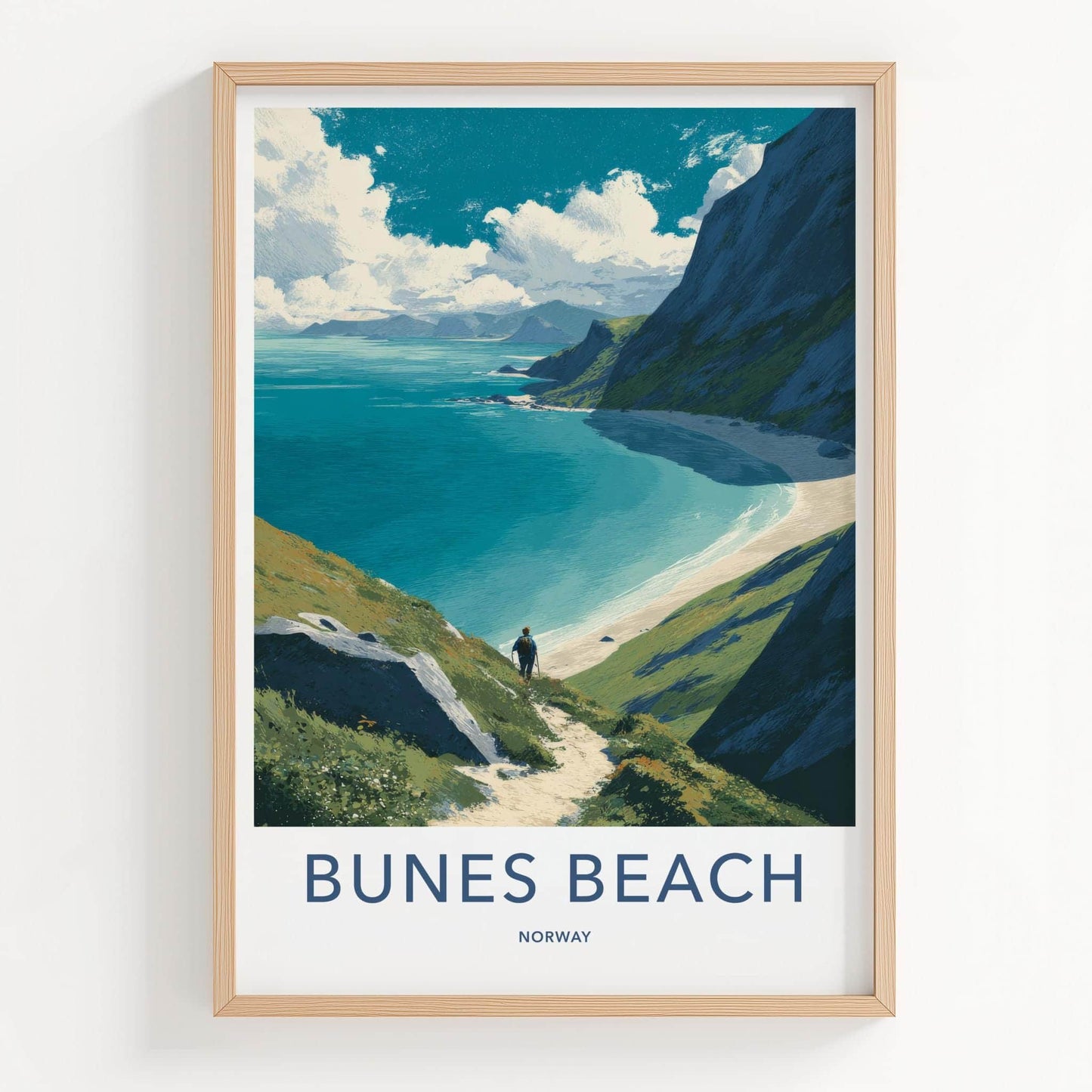Bunes Beach Poster - Norway Travel Art - Coastal trail view Wall Decor