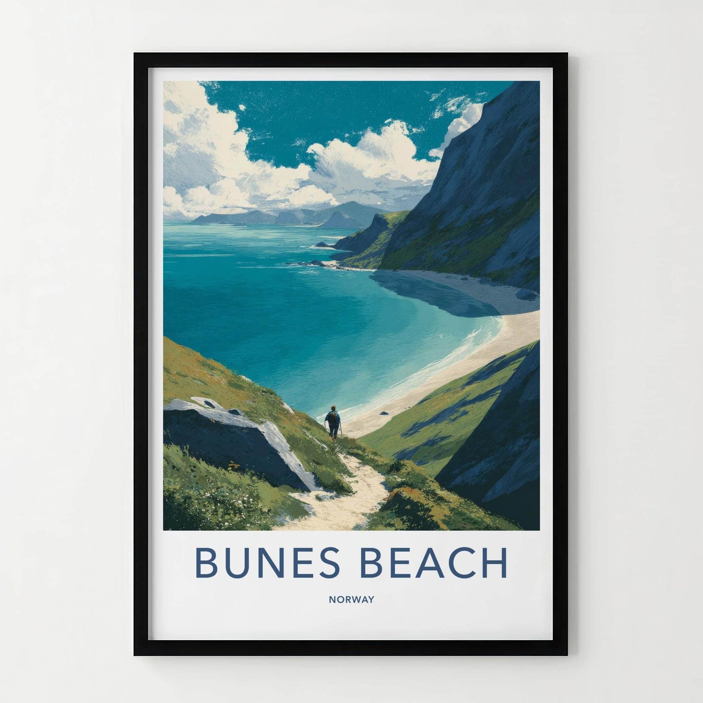 Bunes Beach Poster - Norway Travel Art - Coastal trail view Wall Decor