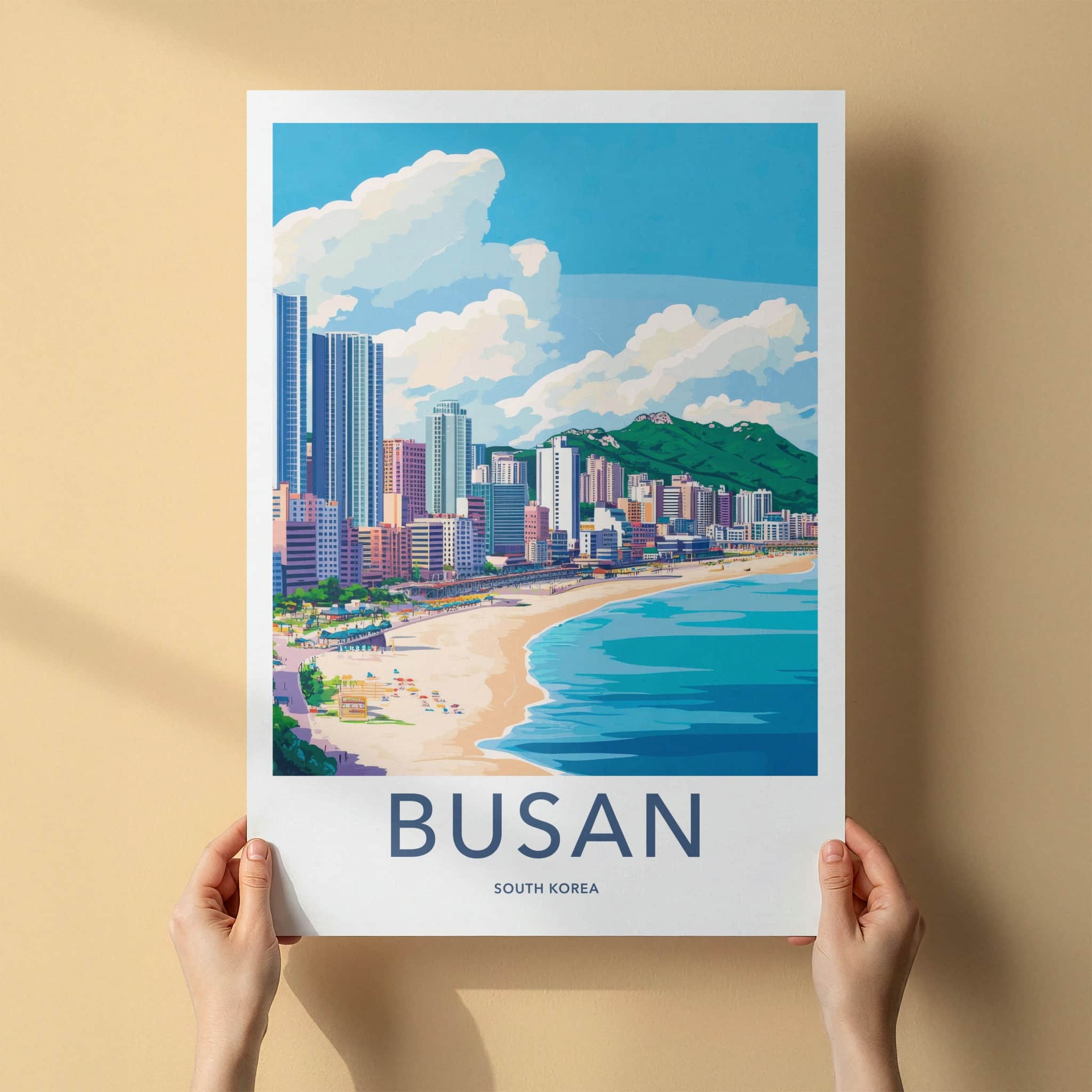 Busan Poster - South Korea Travel Art - Coastal Cityscape Mountains Wall Decor