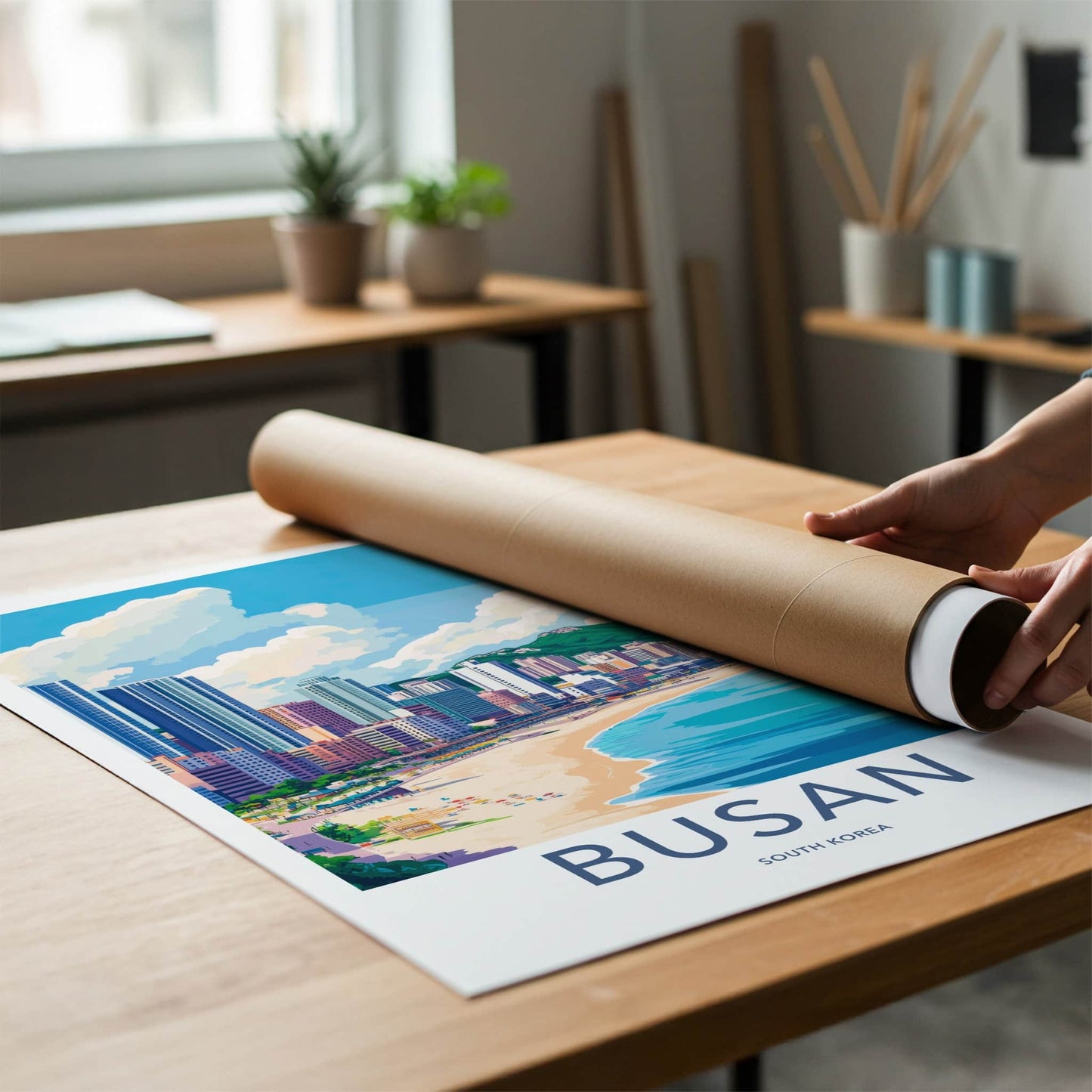 Busan Poster - South Korea Travel Art - Coastal Cityscape Mountains Wall Decor