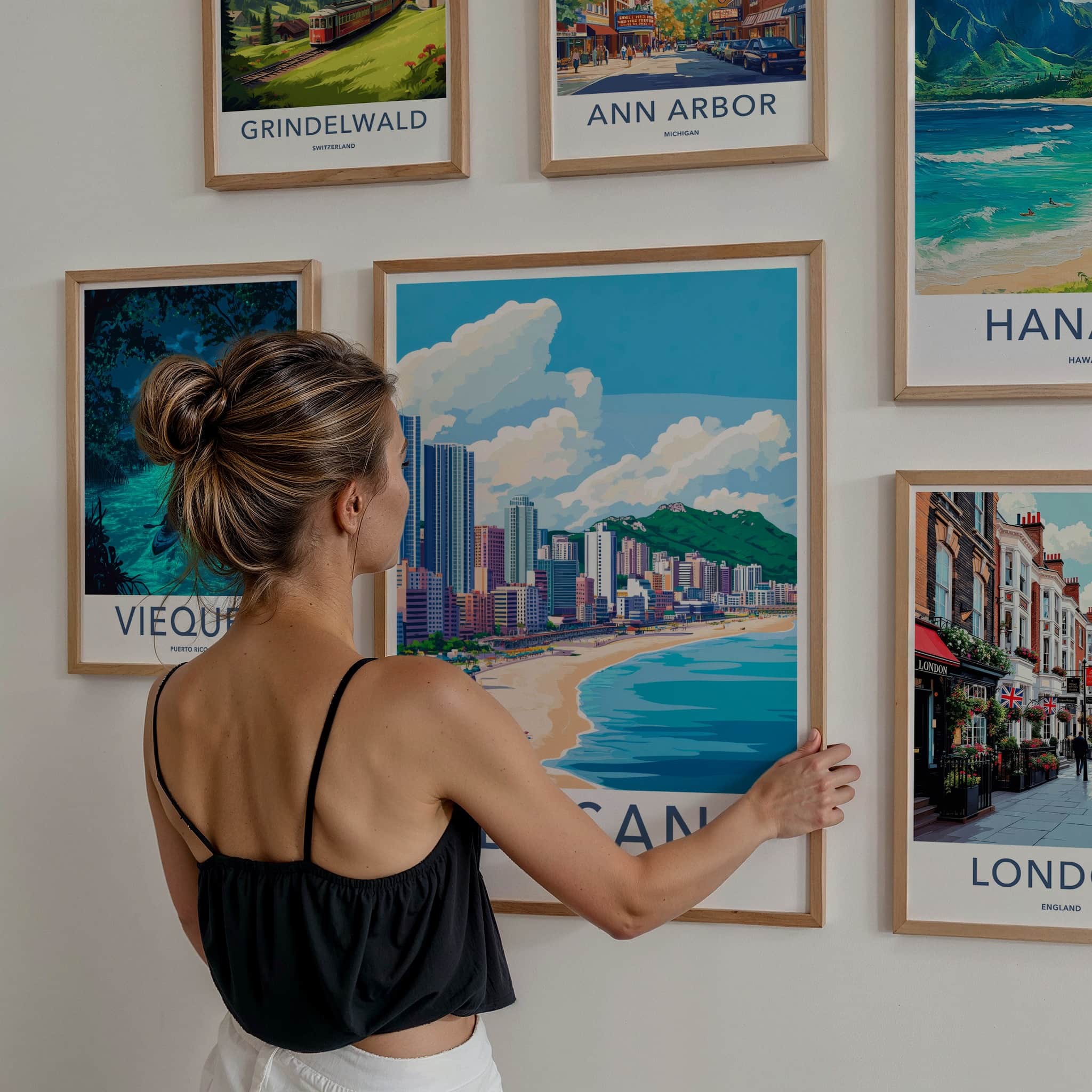 Busan Poster - South Korea Travel Art - Coastal Cityscape Mountains Wall Decor