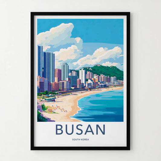 Busan Poster - South Korea Travel Art - Coastal Cityscape Mountains Wall Decor