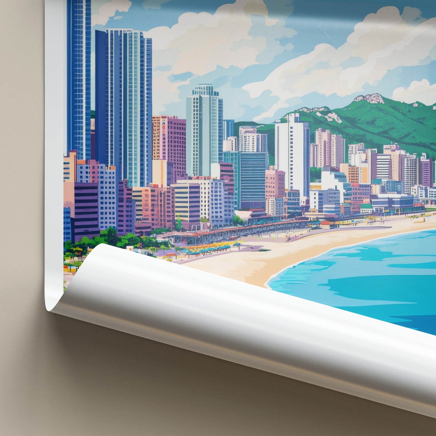 Busan Poster - South Korea Travel Art - Coastal Cityscape Mountains Wall Decor