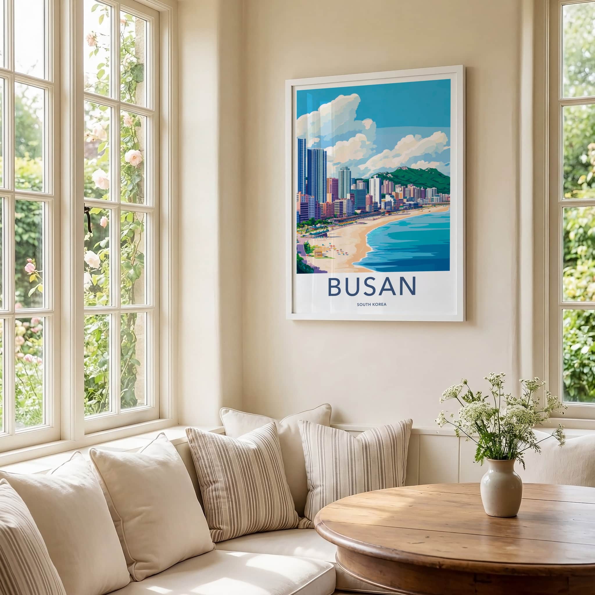 Busan Poster - South Korea Travel Art - Coastal Cityscape Mountains Wall Decor
