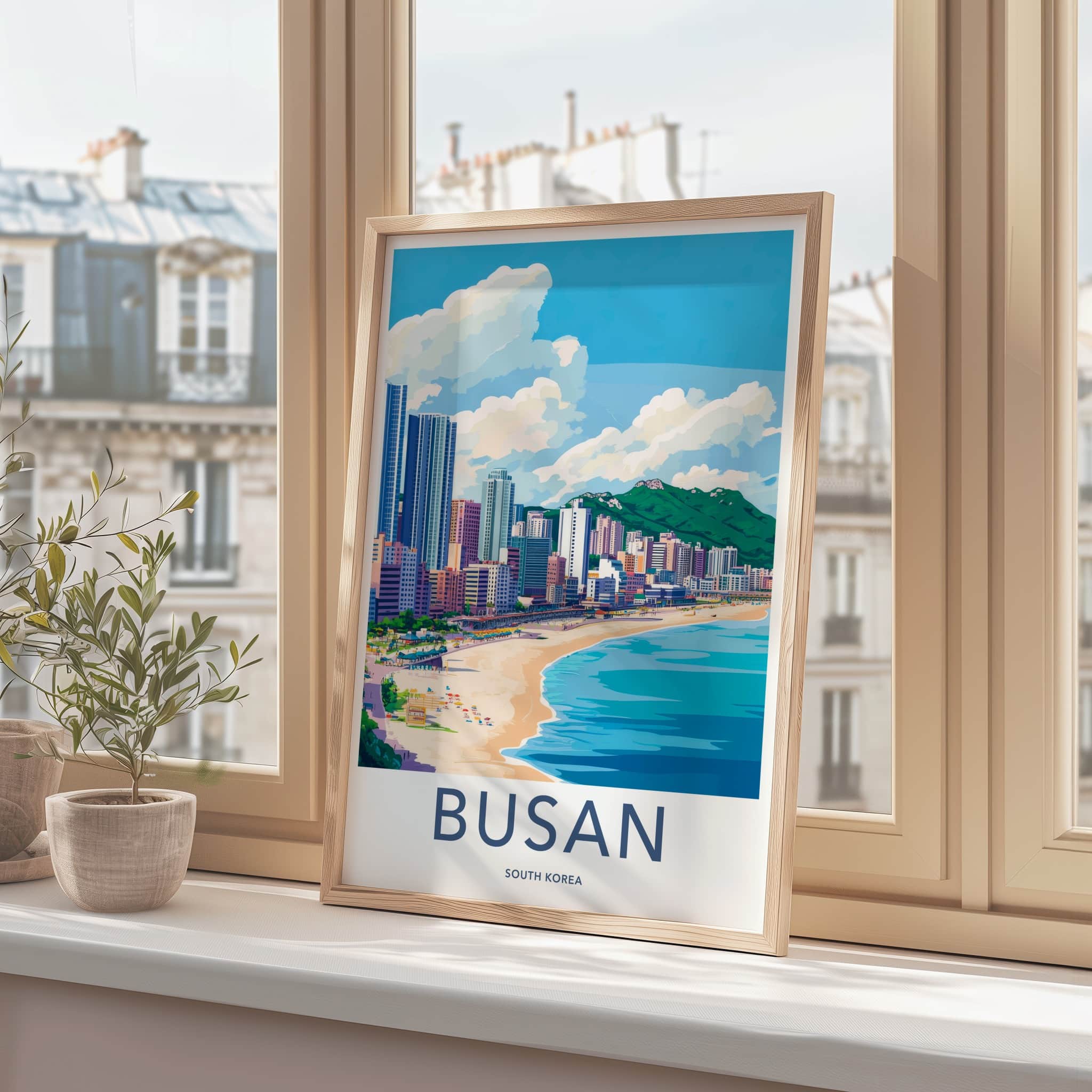 Busan Poster - South Korea Travel Art - Coastal Cityscape Mountains Wall Decor
