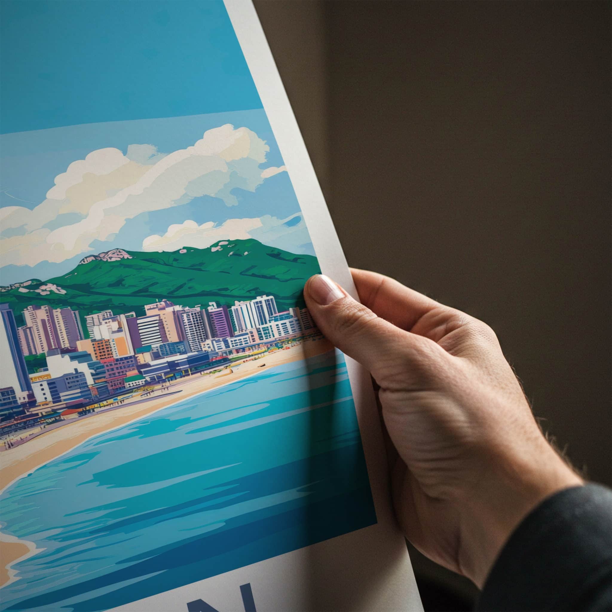 Busan Poster - South Korea Travel Art - Coastal Cityscape Mountains Wall Decor