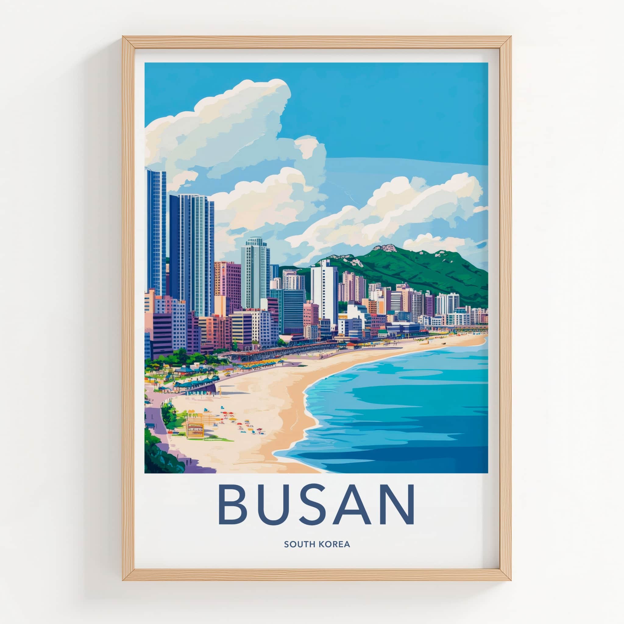Busan Poster - South Korea Travel Art - Coastal Cityscape Mountains Wall Decor