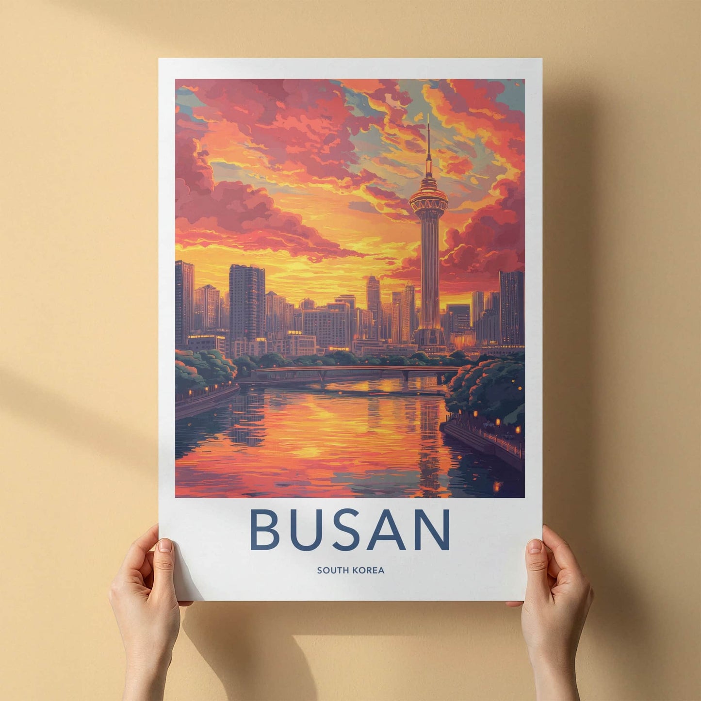 Busan Poster - South Korea Travel Art - Fiery Sunset Skyline Home Decor