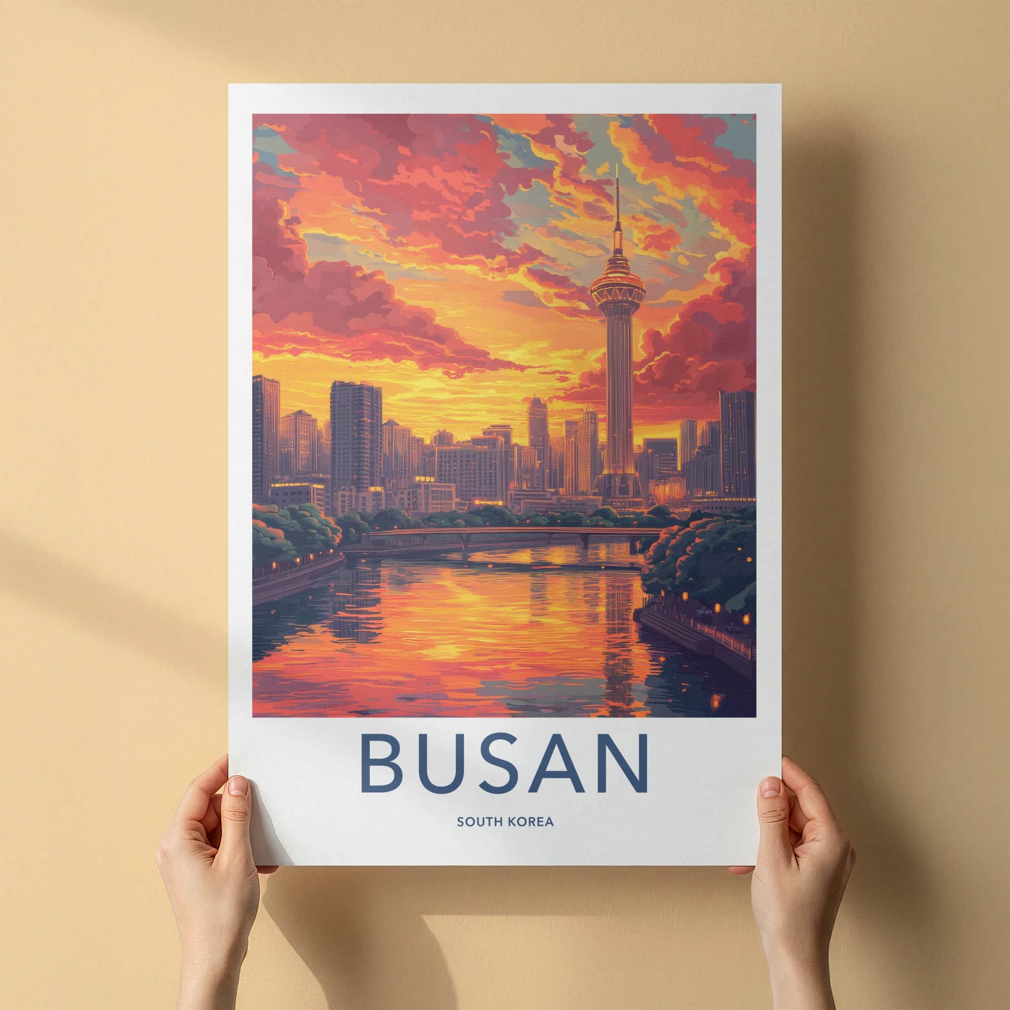 Busan Poster - South Korea Travel Art - Fiery Sunset Skyline Home Decor