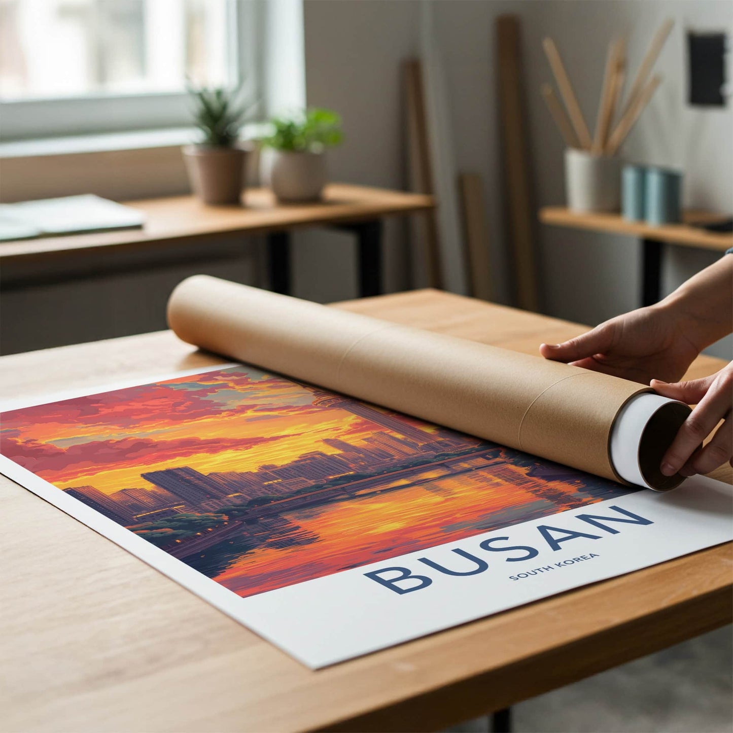 Busan Poster - South Korea Travel Art - Fiery Sunset Skyline Home Decor