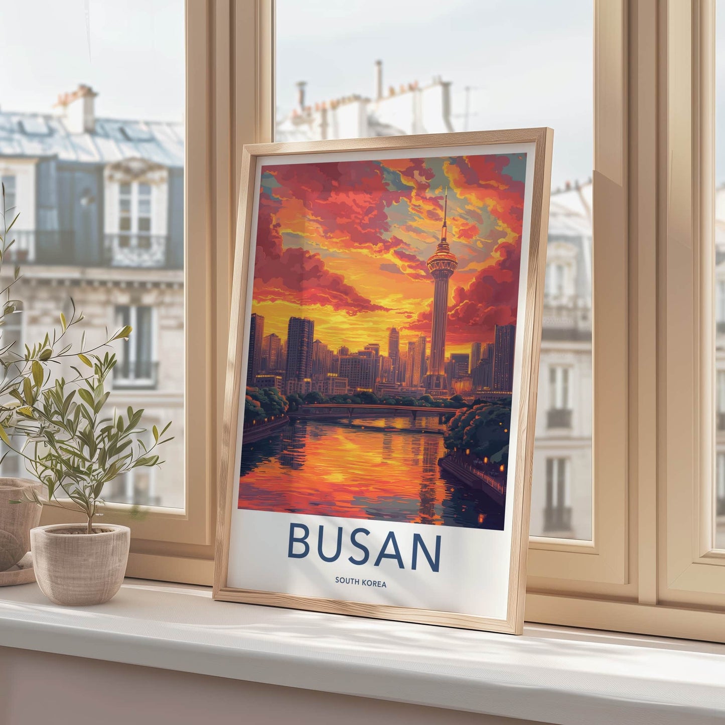Busan Poster - South Korea Travel Art - Fiery Sunset Skyline Home Decor