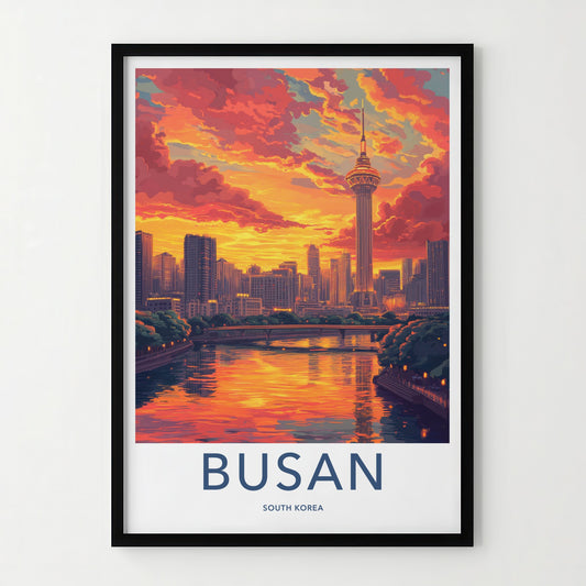 Busan Poster - South Korea Travel Art - Fiery Sunset Skyline Home Decor
