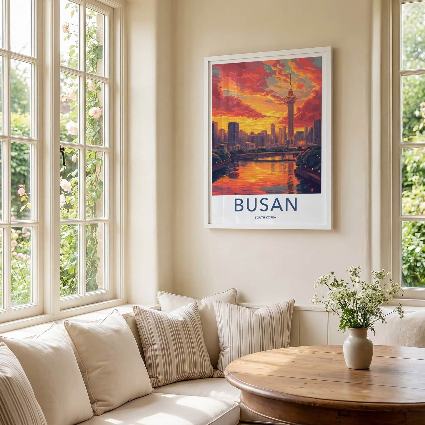 Busan Poster - South Korea Travel Art - Fiery Sunset Skyline Home Decor